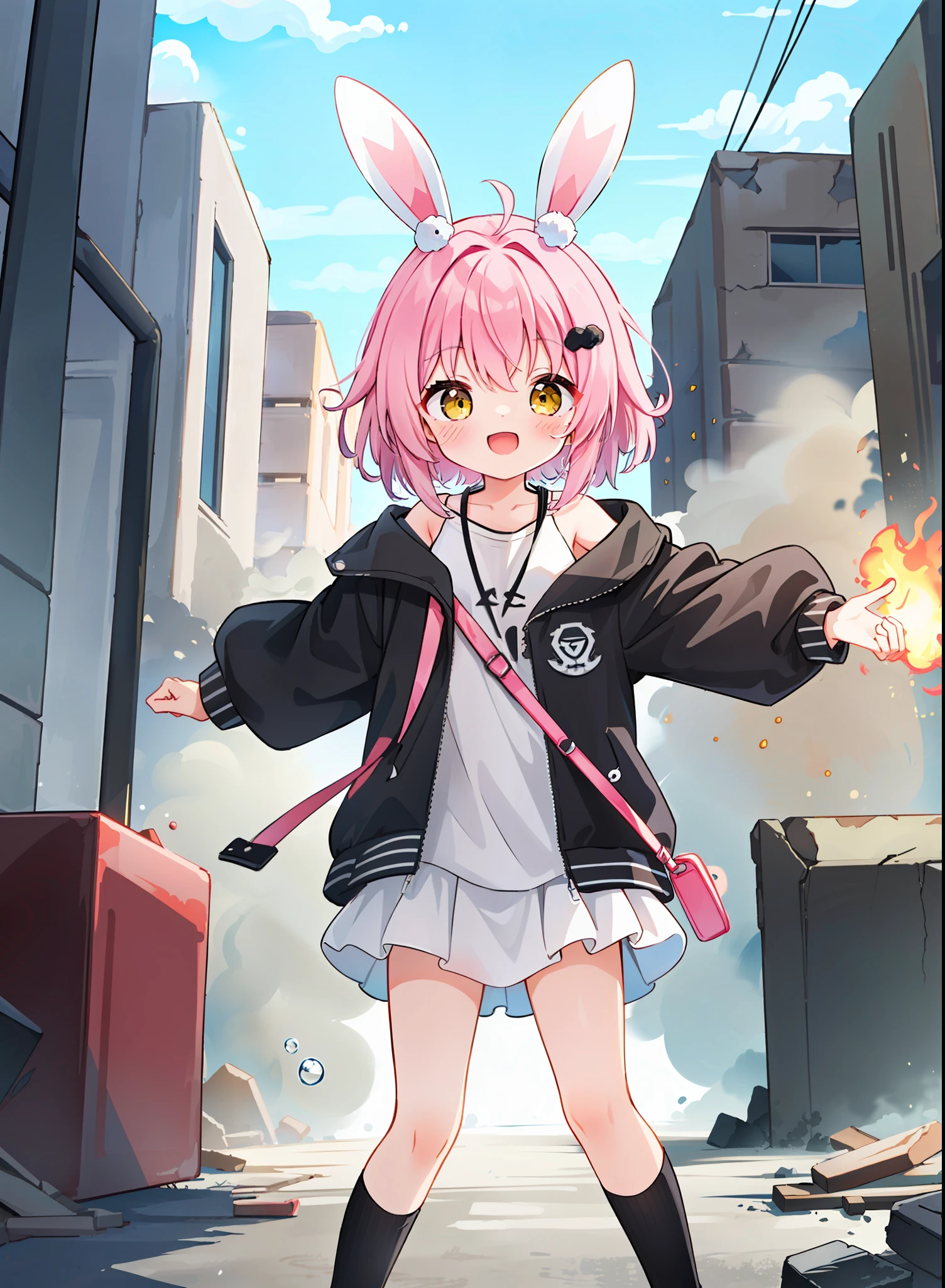 A , white pink-punk jacket, bubble socks, (delicate face) (fine hair strands), (pink upturned short hair), yellow eyes, laughter, bouncing, dramatic light, dramatic shadow, ray tracing, cheers, city streets, cloth rabbit ear checkered hair ornaments on head, cyberpunk jacket, turn back, grand smiley face, wide angle shot, explosion behind you, backlight, building debris, disaster, black smoke