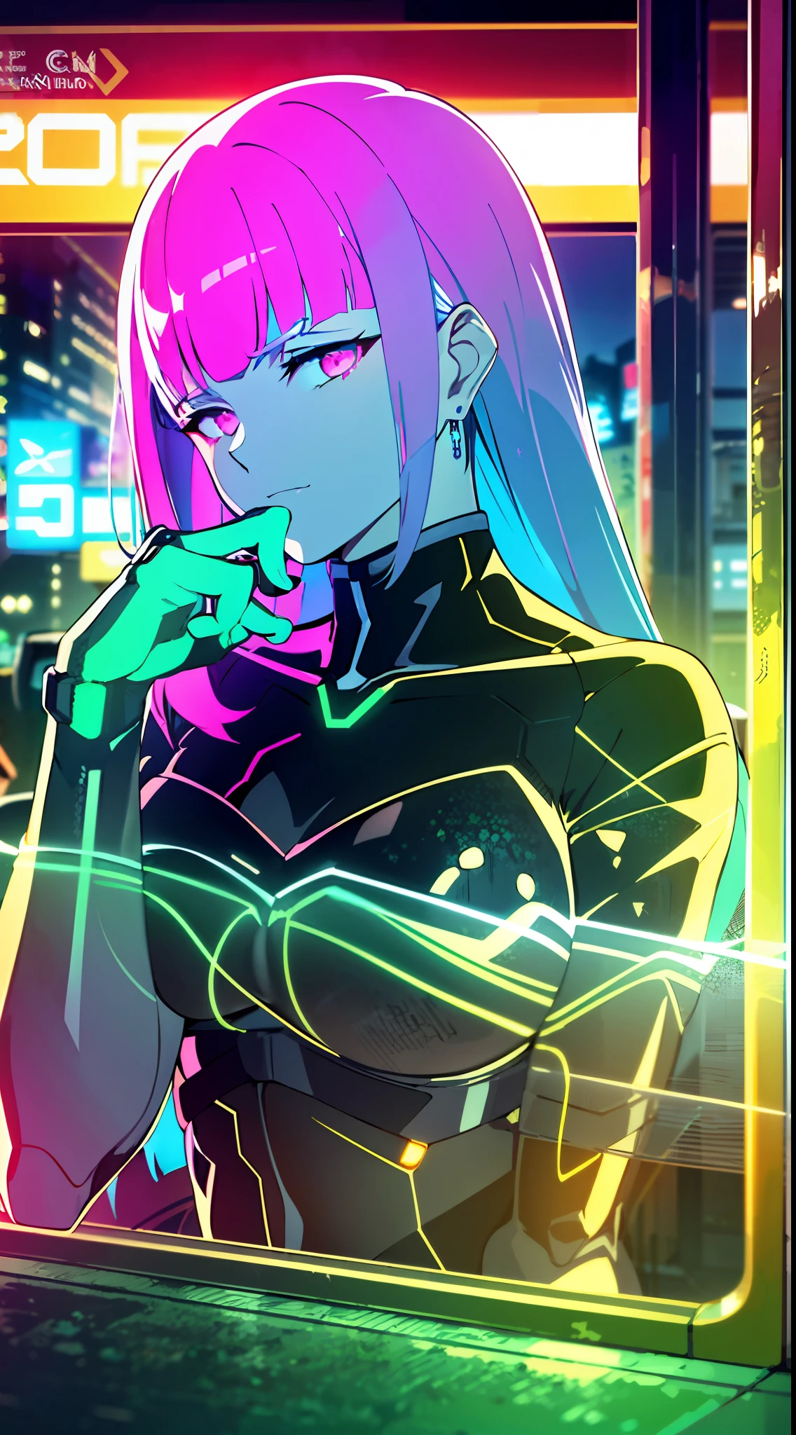 (masterpiece, detailed, high resolution:1.4), cyberpunk, cyberpunk 2077, neon background of cyberpunk night city, on the train behind the bar, metal cybernetic silver hand in the foreground in the frame, green-blue glitch effect around the arm, purple-pink neon glow, Lucy, torso, fluorescent yellow, light green, purple, mint