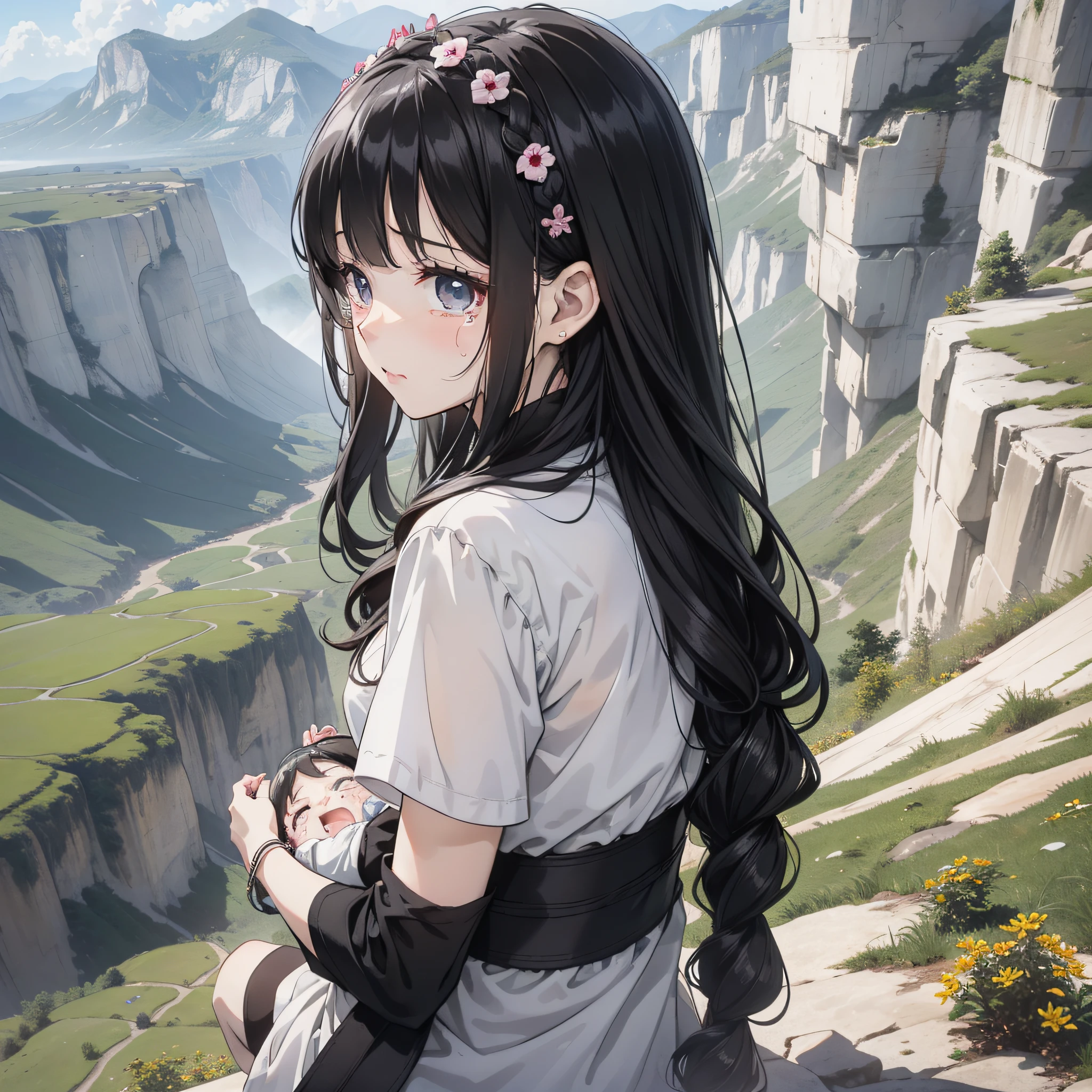 A woman in a white shirt with long black braided hair holding a baby with her back to the camera stands on the edge of a cliff at the top of the mountain (back show 1.5) (crying expression 1.5) (crying 1.5) (crying in pain 1.5) (tears 1.3) (cliff edge on the top of the mountain in the background 1.3) (upper body display 1.5) (girls 1.8) (cinematic lighting 1.5) (master masterpiece: 1.4), hyper-detail, anime style 4 K, anime rendering, anime style. 8k，