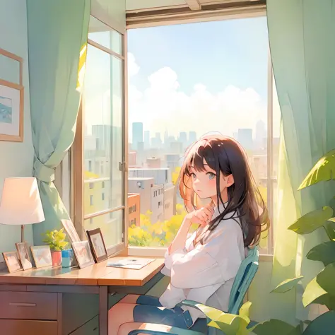 Girl's room, sitting on chair, 1 woman, shoulder-length wavy hair, looking out the window City view outside, watercolor, narrow ...