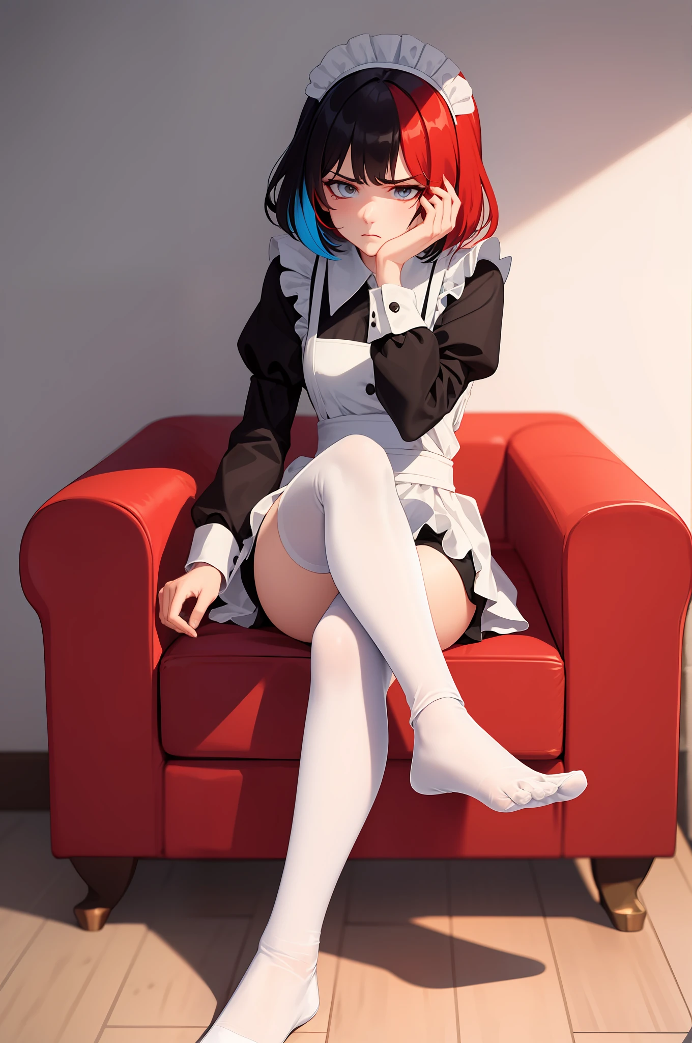 ((masterpiece, Best Quality))), Coupling, solo, a 1girl, ((redhead hair, black hair, multicolored hair)), short hair, white tights, Dressed, Maid costume, Sits, Foot to foot, Disgruntled face