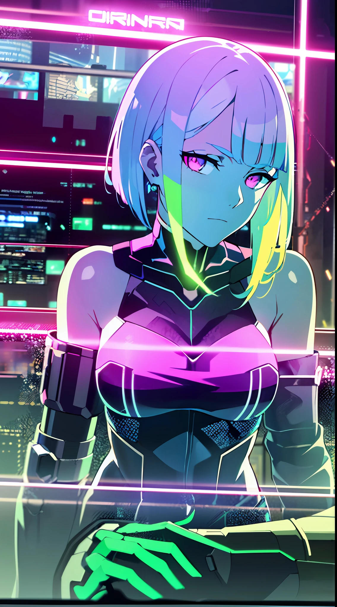 (masterpiece, detailed, high resolution:1.4), cyberpunk, cyberpunk 2077, neon background of cyberpunk night city, on the train behind the bar, metal cybernetic silver hand in the foreground in the frame, green-blue glitch effect around the arm, purple-pink neon glow, Lucy, torso, fluorescent yellow, light green, purple, mint