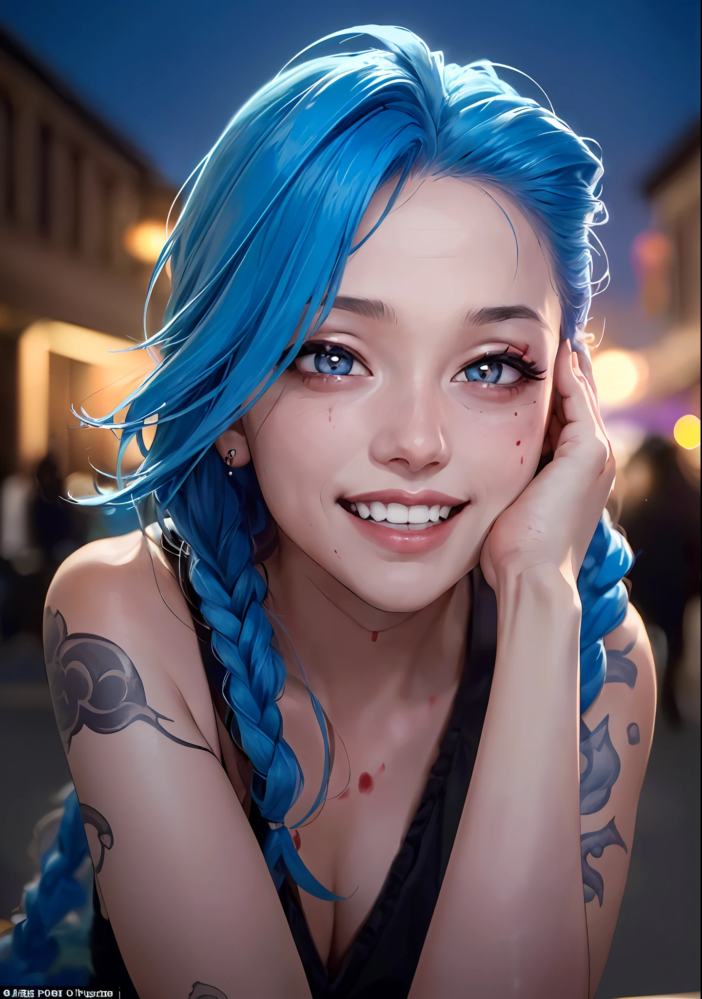style, shooting style model, RAW (near portrait: 1.4) of (YoneLol:1.1), centered face, 1man, (bright pink eyes: 1.7, blue hair), (shiny body), (hands off camera), looking at the viewer, 
((badly: 1.3, lower head:1.3, night:1.3, scary:1.3, confident:1.3, pupils constricted:1.7, crazy smile:1.6)), medium breasts, tattoo on the arm, tattoo on the stomach, (blood on the face:1.5),
best quality, epic (by Lee Jeffries photo, Sony A7, 50 mm, pores: 1.5, colors, hyperdetailed: 1.5, film grain: 1.4,
hyper-realistic: 1.5), hyper-realistic texture, masterpiece, unreal engine 5, extremely detailed CG unit 8k wallpaper, realistic eyes,
Crazily detailed photo, (ecstasy of light and shadow, deep shadow), (Winner of the Pulitzer Prize for Photography and the Taylor Wessing Prize for Photography)