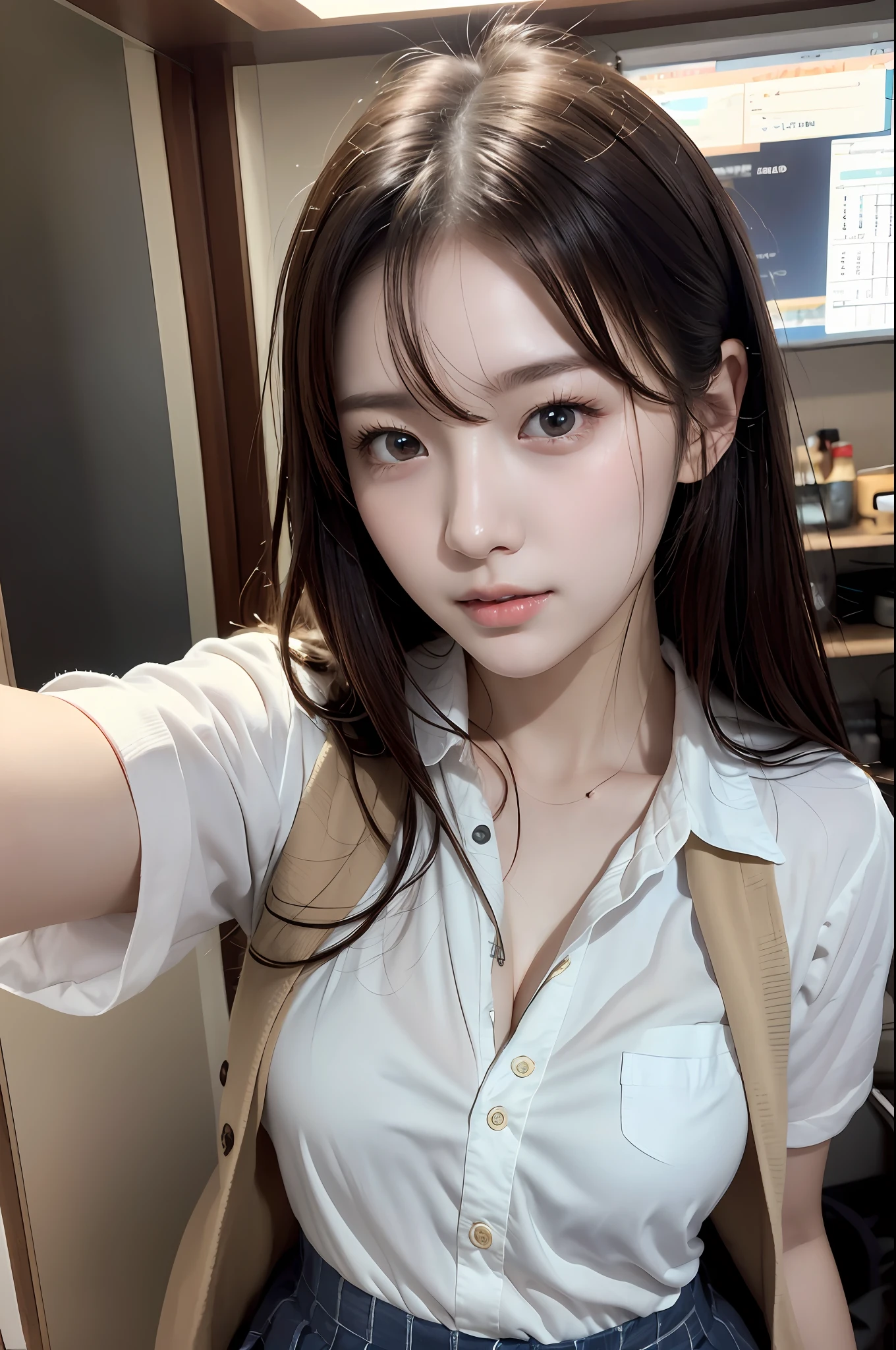 clothed、(photo real:1.4)、(Hyperrealistic:1.4)、(Realstic:1.3)、
(Smoother lighting:1.05)、(Improved lighting quality in movies:0.9)、32 k、
1GIRL、20 years old girl、Realistic Lighting、Backlit、Facial light、Ray Trace、(Brightening light:1.2)、(Increase quality:1.4)、
(Top Quality Real Texture Skin)、Fine eyes、finerly detailed face、
(Tired, sleepy and satisfied:0.0)、closeup on face、Student uniform:1.3、korean idol、Nogizaka Idol、hposing Gravure Idol
(Bodyline mood improvement:1.1)、Glossy skin、korean idol、Nogizaka Idol、hposing Gravure Idol、selfie