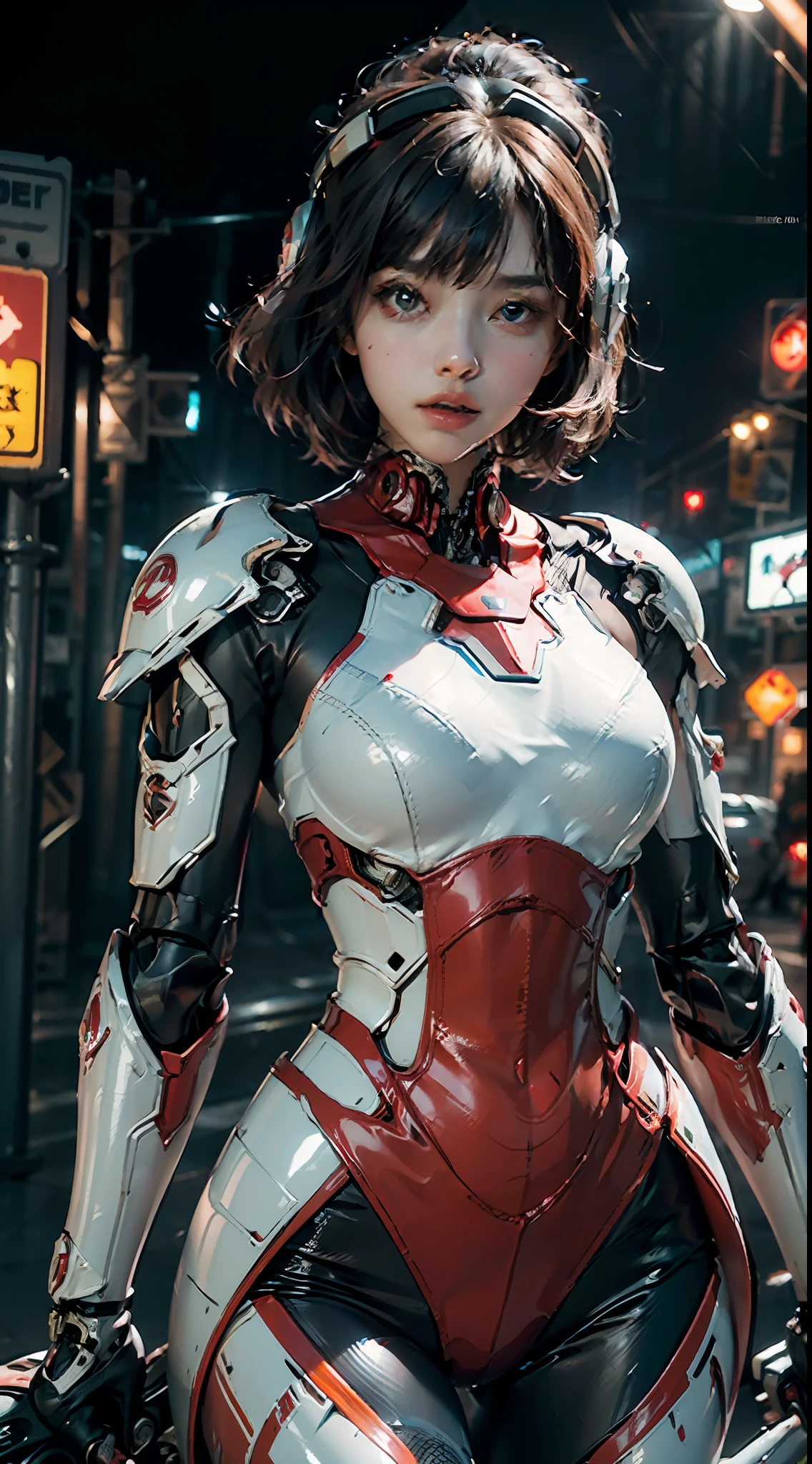 Highest image quality, outstanding details, ultra-high resolution, (fidelity: 1.4), the best illustration, favor details, highly condensed 1girl, with a delicate and beautiful face, wearing a red mecha, wearing a mecha helmet, holding a direction controller, riding on a motorcycle, the background is a high-tech lighting scene of the future city.