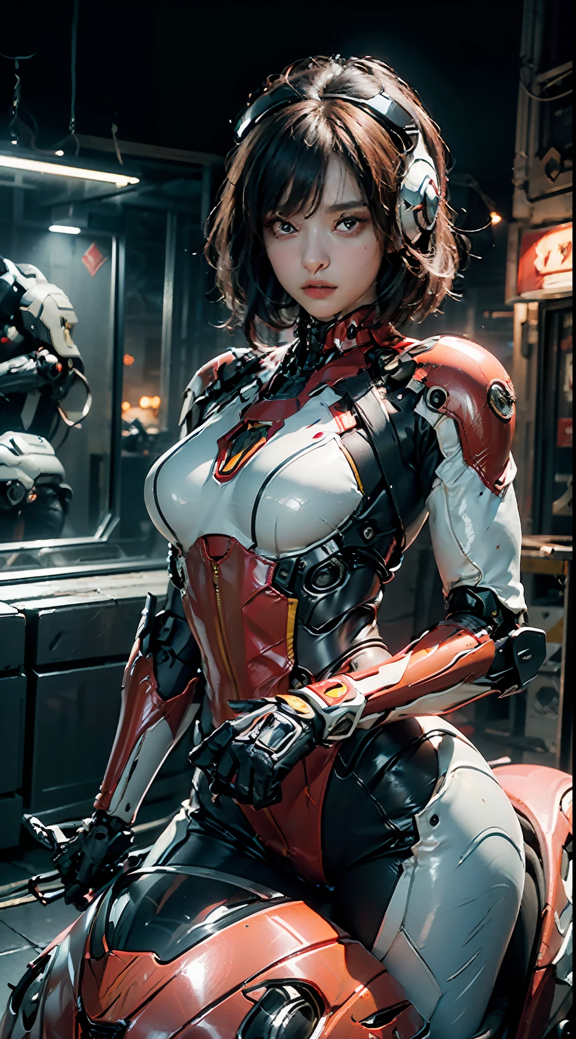 Highest image quality, outstanding details, ultra-high resolution, (fidelity: 1.4), the best illustration, favor details, highly condensed 1girl, with a delicate and beautiful face, wearing a red mecha, wearing a mecha helmet, holding a direction controller, riding on a motorcycle, the background is a high-tech lighting scene of the future city.