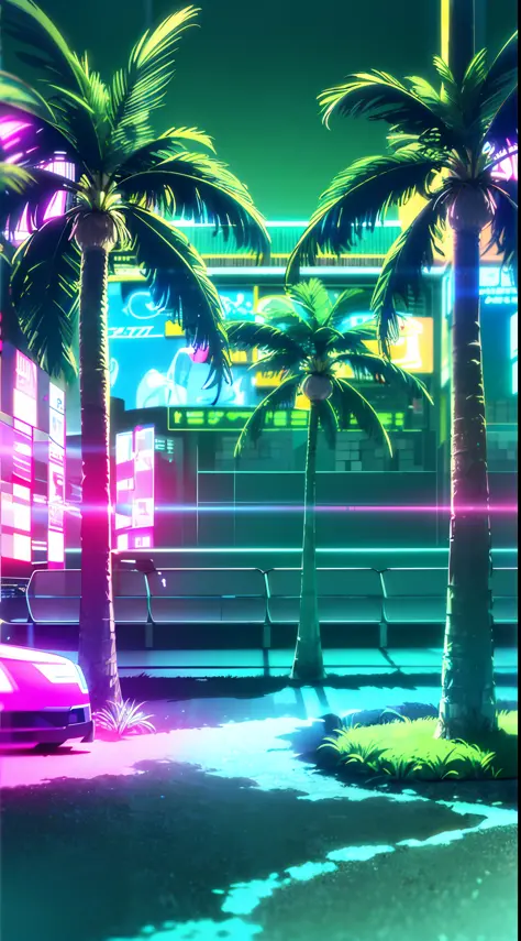 (masterpiece, detailed, high resolution:1.4), cyberpunk, cyberpunk 2077, cyberpunk night city neon background, sea, beach, palm ...