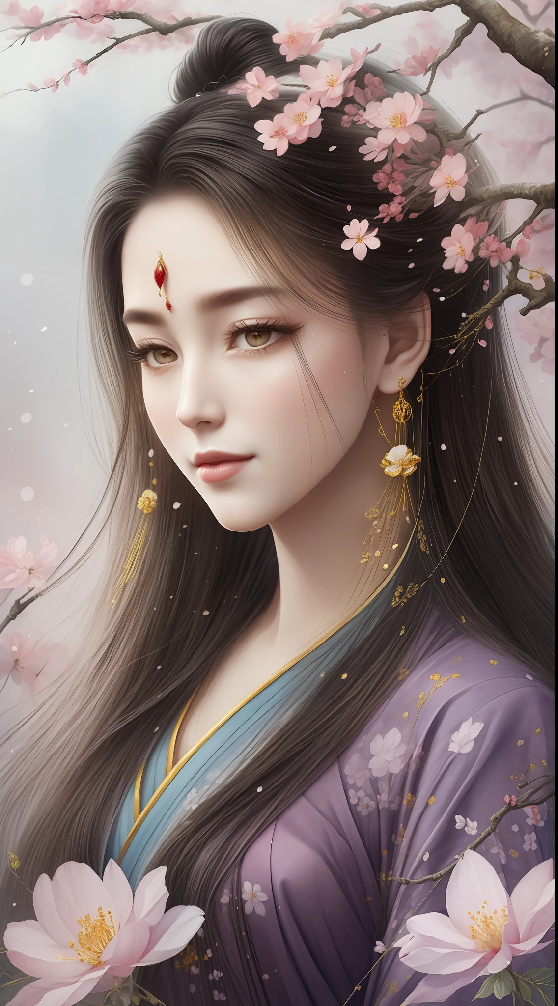 Watercolor, watercolor style, ink, legend, red, plum blossom, foreground, plum blossom middle scene, plum blossom vista, snow, ancient Chinese Hanfu beauty standing in the sea of flowers smiling, melon seed face, willow leaf eyebrows, cherry small mouth, gentle atmosphere, close-up, perfect facial features, delicate facial portrayal, master works, flower depiction meticulous, super fine, high quality, high resolution, perfect composition,