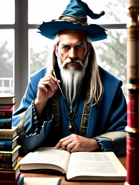 award winning waist up photo of a rugged fantasy wizard, 8k, wizard hat, wearing torn wizard robes, old and wrinkled, long white...