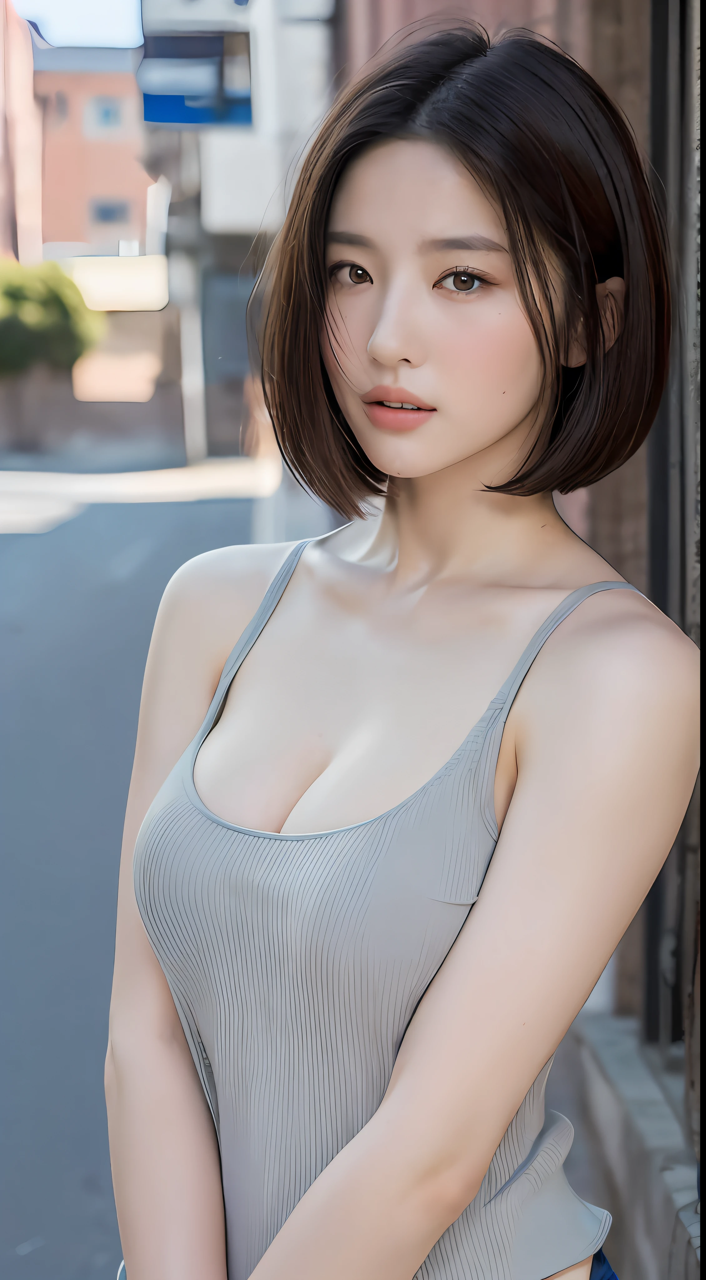 ((Best quality, 8k, Masterpiece :1.3)), Sharp focus :1.2, A pretty woman with perfect figure :1.4, Slender abs :1.2, ((Layered haircut, Big breasts :1.2)), (Tank top shirt :1.1), (Street :1.2), Highly detailed face and skin texture, Detailed eyes, Double eyelid，nude