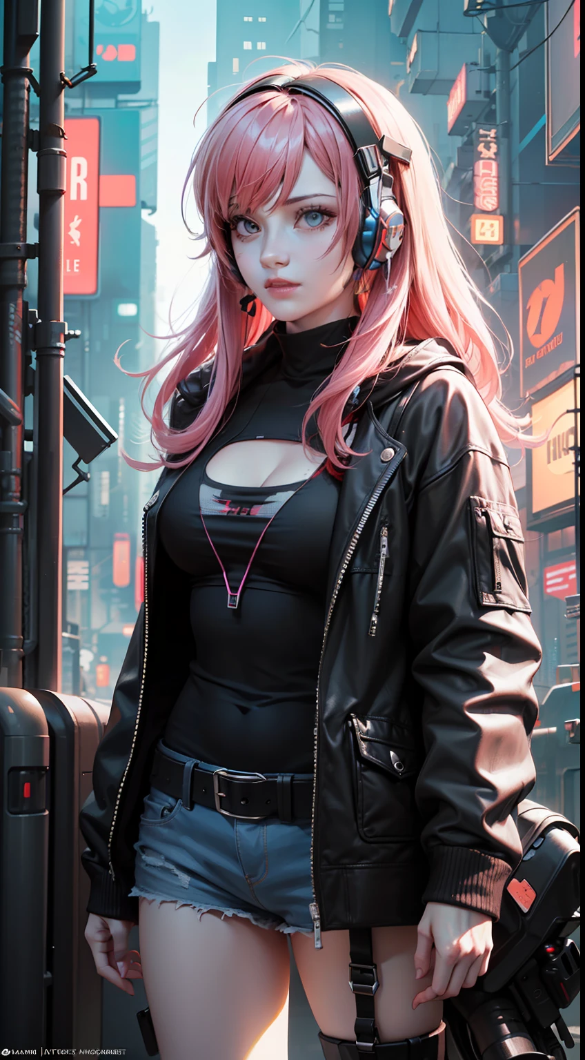 1girl, large breasts,Upper human,lower body machinery, ((mechanical arse)),mechanical two legs,narrow waist,prefect female body, long legs,White leather coatmechanical parts, (( headphone, hair ornament)),((long hair, pink hair)),pink leather ,light smile, stunning innocent symmetry face,(8k, raw photo, best quality, masterpiece),(photon mapping, radiosity, physically-based rendering, automatic white balance),illustration, CG, unity ,wallpaper, official art,amazing, finely detail, an extremely delicate and beautiful, extremely detailed,highly detailed, sharp focus, rich background,(real ,photograph), (((high detailed skin,visible pores))), (highly detailed face:1.3), masterpiece, best quality, (ultra high res,photorealistic,realistic,best quality,photo-realistic), (((Cyberpunk))), 
，
