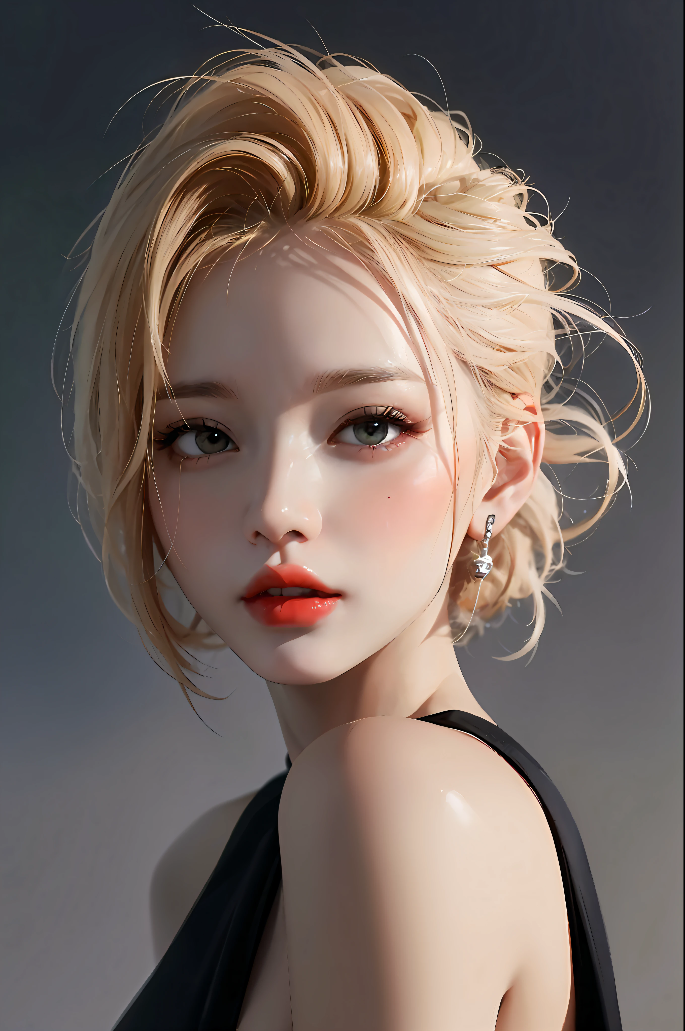 a close up of a woman with a black dress and a red lip, artwork in the style of guweiz, by Russell Dongjun Lu, realistic. cheng yi, by Yanjun Cheng, inspired by Yanjun Cheng, realistic art style, soft portrait shot 8 k, 8k portrait render, photorealistic anime girl render, beautiful and realistic faces