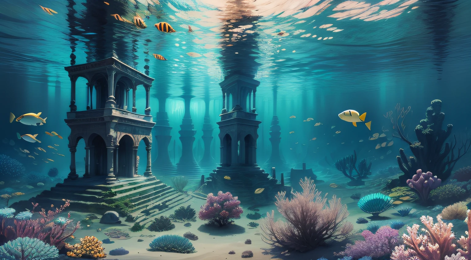 beautiful ancient city underwater, high quality, high definition