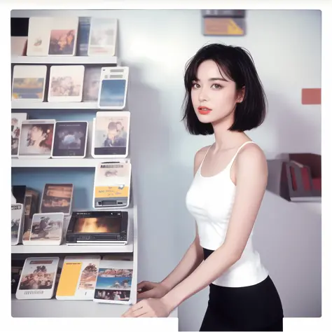 1 woman, black shorthair,tanktop, mini skirt, movie still, 30mm lens, polaroid, analog photo, vhs, lomo, masterpiece, best quali...