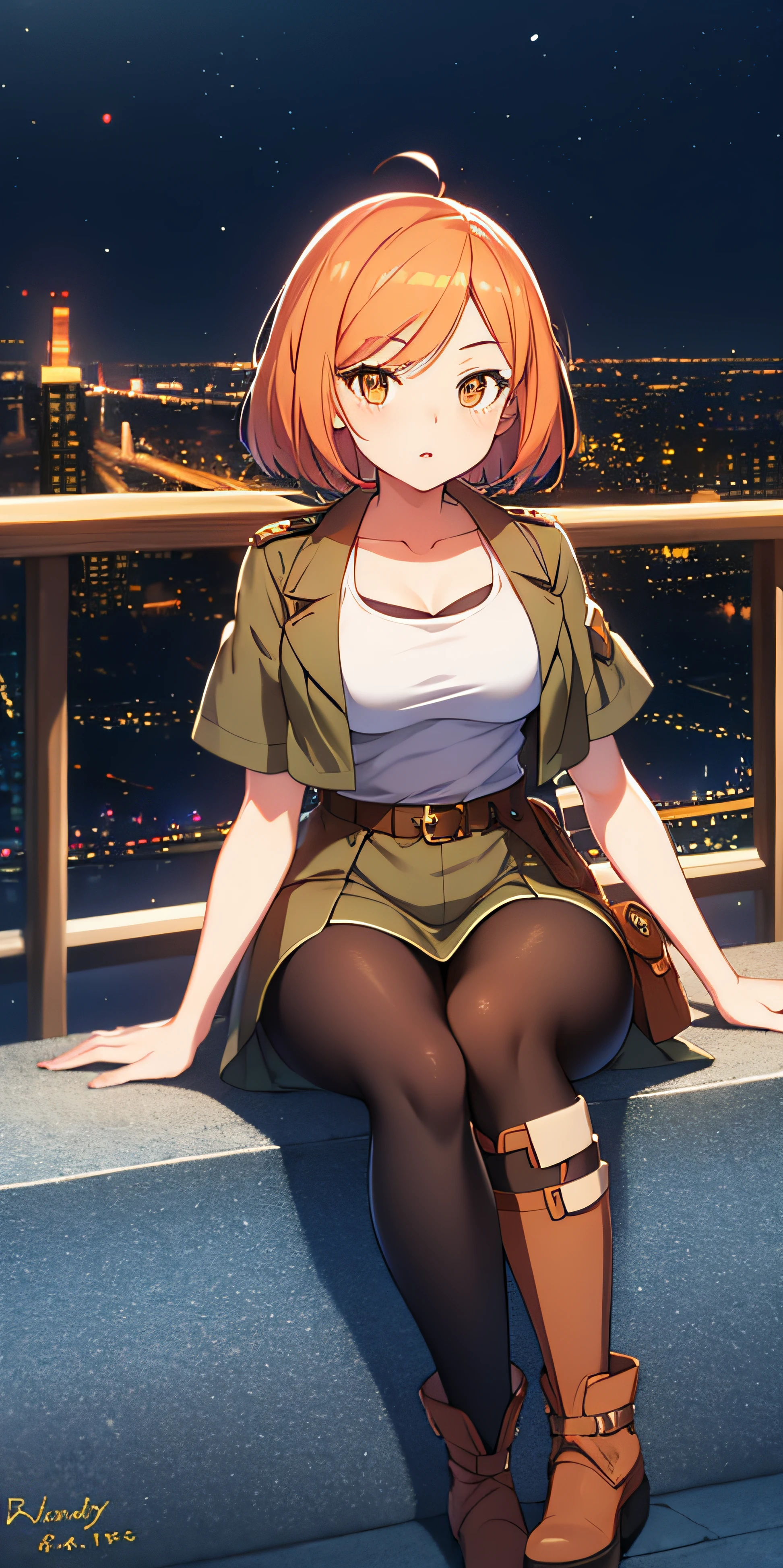 orange eyes light,richly faded light orange hair, anime 1girl, no skirt, brown military boots, pouch on the waist belt, khaki bikini, "black tights", "dark_orange knee pad on right leg",( night city:1.4), black long cloak, (good hand:1.5 ) good legs, (Good face: 1.5), 1girl, best hand, no worst hand. without clothes, in big city, khaki t-shirt, best face, very good face