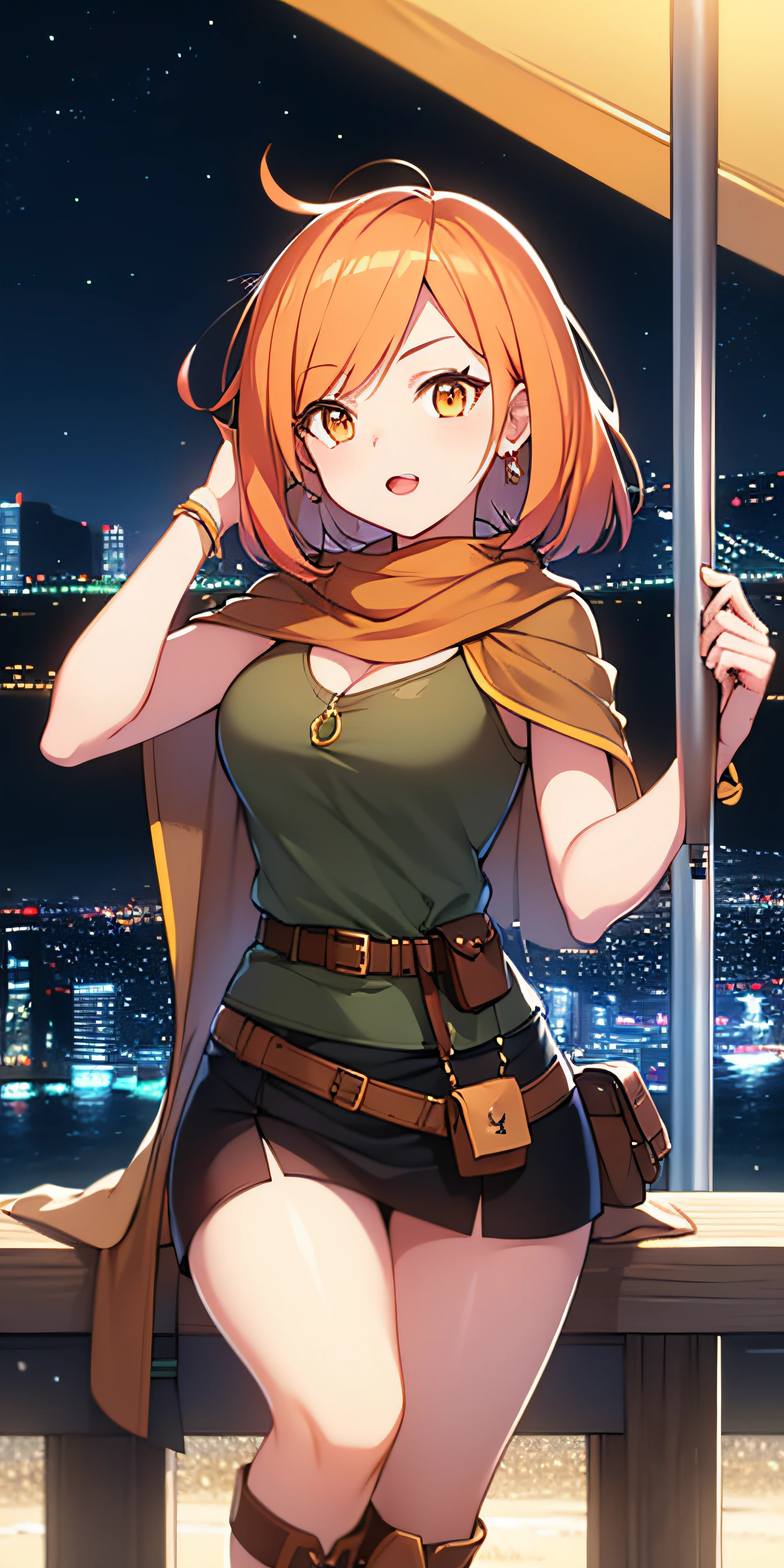 orange eyes light,richly faded light orange hair, anime 1girl, no skirt, brown military boots, pouch on the waist belt, khaki bikini, "black tights", "dark_orange knee pad on right leg",( night city:1.4), black long cloak, (good hand:1.5 ) good legs, (Good face: 1.5), 1girl, best hand, no worst hand. without clothes, in big city, khaki t-shirt, best face, very good face, hyper detail, colorful