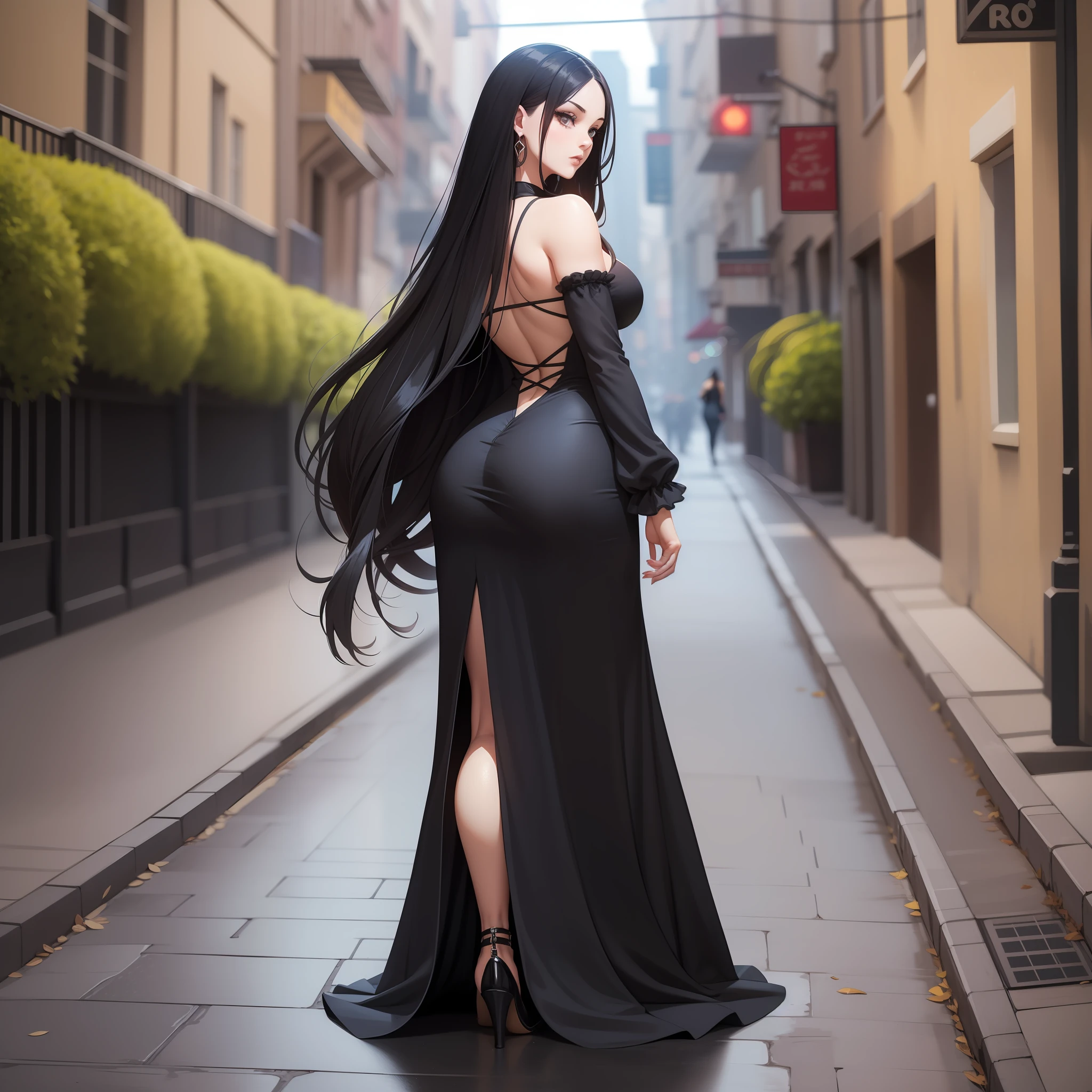 Black long hair, Patricia look-alike, long black dress, attractive, alluring, figure, feminine, gothic, 1980’s Tall slender figure, looking back