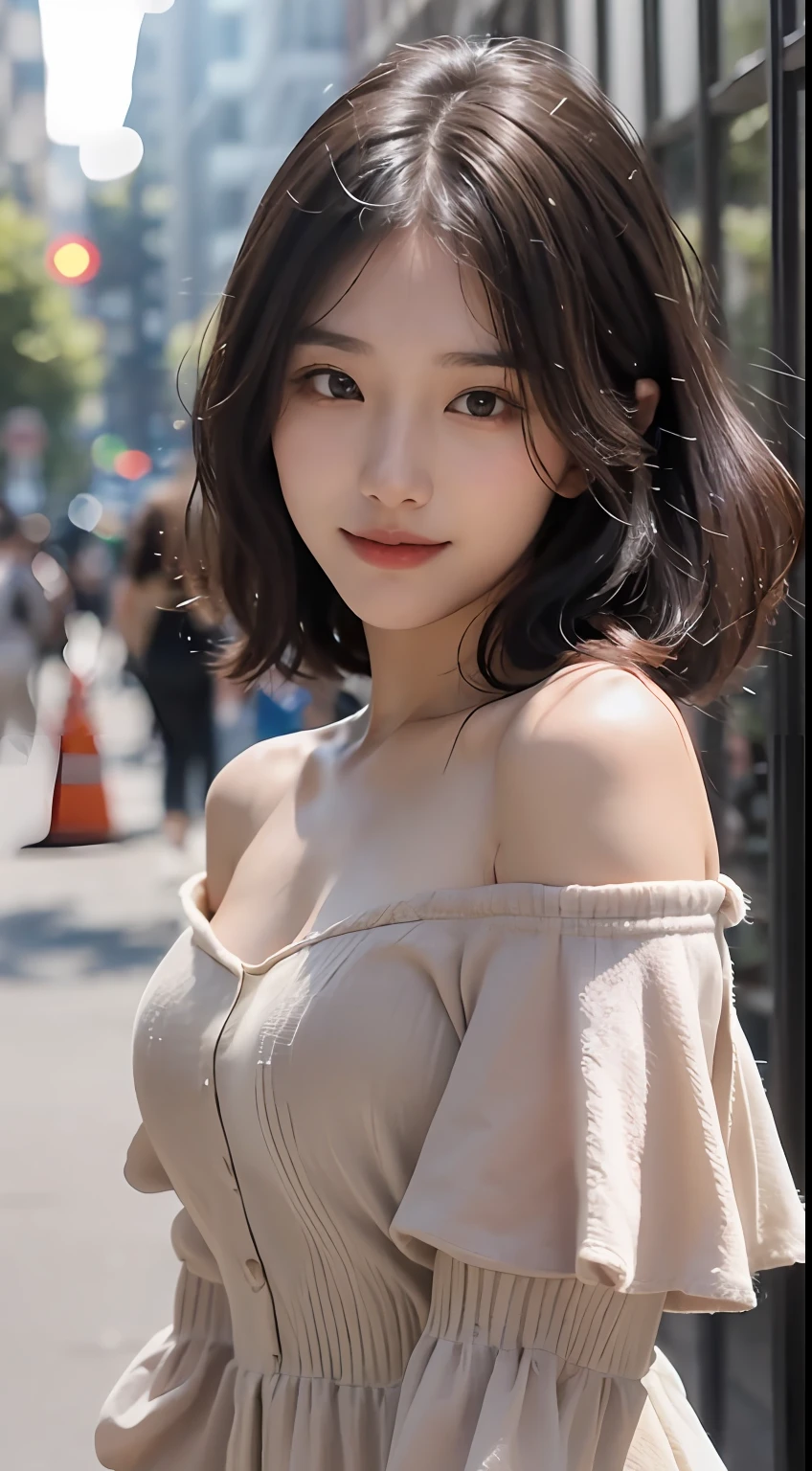 (1 Korean girl), ((best quality, 8k, masterpiece: 1.3)), ultra-clear details, perfect body beauty: 1.4, (smile), (Street: 1.3), highly detailed face and skin texture, fine eyes, double eyelids, whitened skin, (black straight face: 1.3), (round face: 1.5), (off-the-shoulder dress: 1.4),