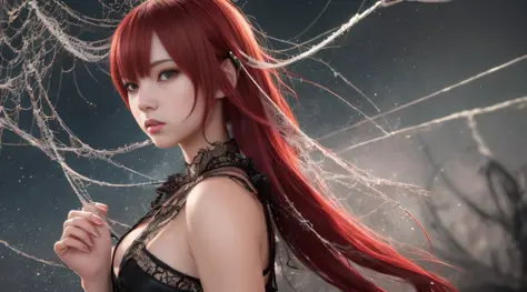 anime girl with red hair and a spider web in her hand, by Yang J, dark fantasy style art, 8k stunning artwork, 2. 5 d cgi anime fantasy artwork, 4k fantasy art, 8k high quality detailed art, 4k highly detailed digital art, anime fantasy artwork, dark fanta...