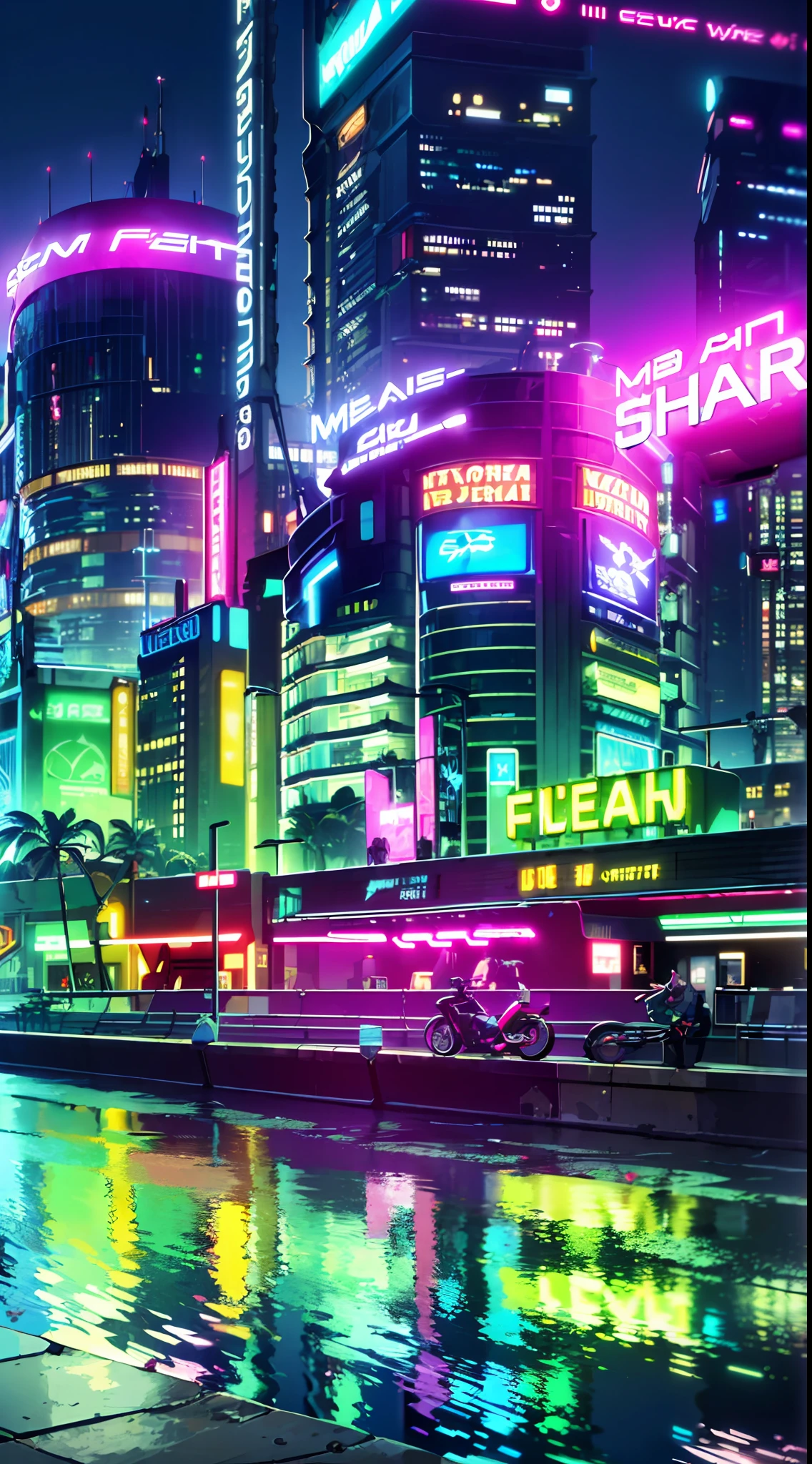 (masterpiece, detailed, high resolution:1.4), retrowave, synthwave, synth, motorcycle, Miami, cyberpunk, cyberpunk 2077, cyberpunk night city neon background, sea, beach, palm trees, green-blue glitch effect, purple-pink neon glow, fluorescent yellow, light green, purple, mint