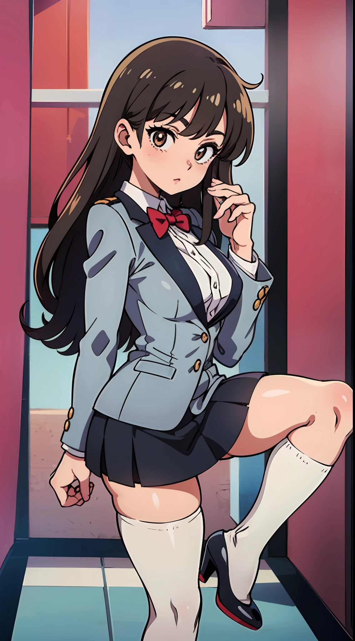 an anime style picture of the girl in the short skirt and weiße schenkelhohe Socken and high heels, 1 Mädchen, haselnussbraune Augen, braunes, lockiges Haar, Allein, grauer Blazer, grauer Rock, weiße schenkelhohe Socken, schwarze High Heels, Uniform, sehr detailliertes Gesicht, perfekte Füße, Porträt, Ganzkörper