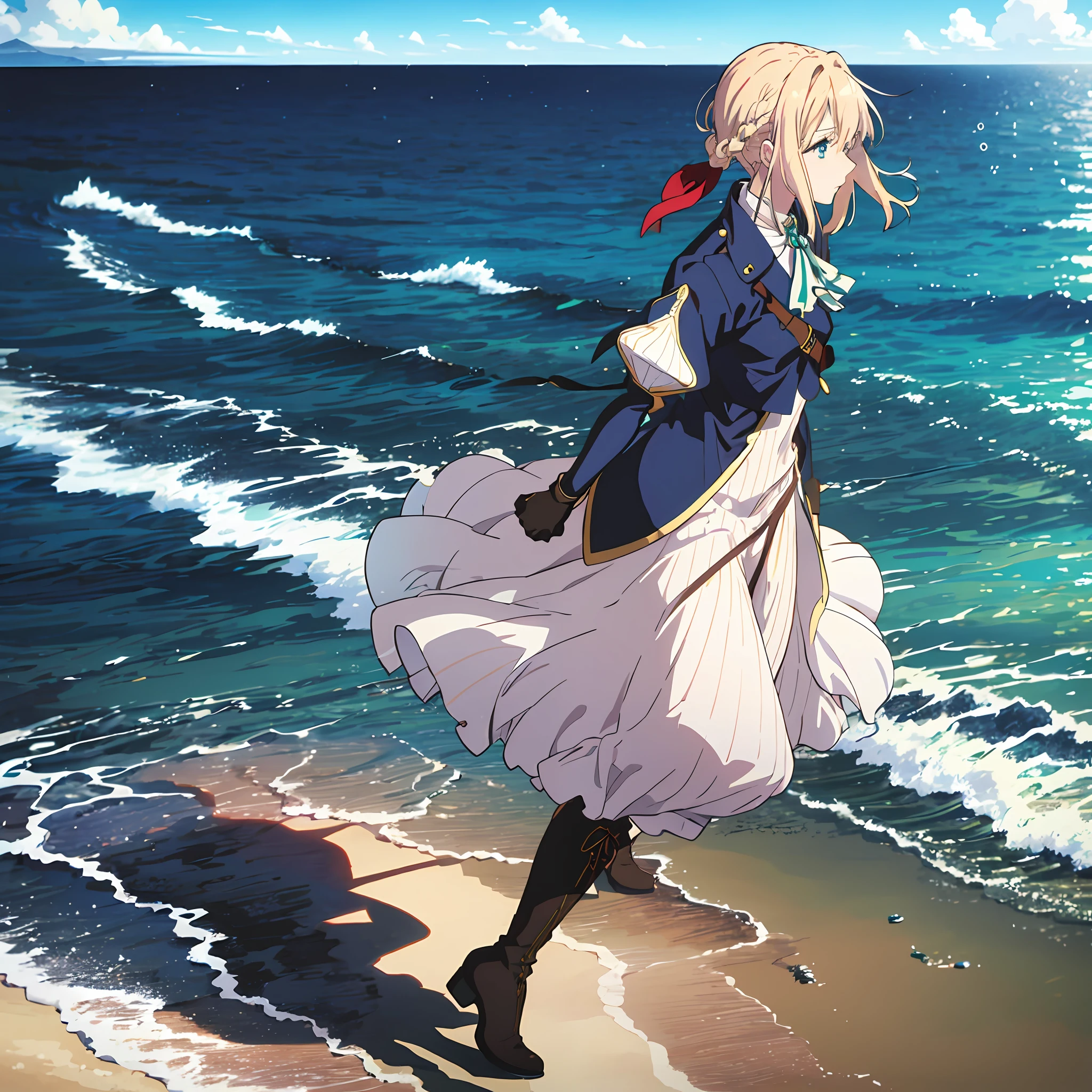 (Violet evergarden:1.4), Brosche, ,blaue Augen, Jacke, blonde, flechten, rotes Band ,Puffärmel, Handschuhe, 1 Mädchen, Allein ,Von der Seite, Spaziergang am Strand, Himmel, Sonnenlicht,Lange Röcke,Stiefel ,Haare wehen