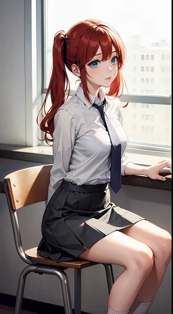 (grey skirt), white shirt, (grey necktie), classroom, wavy twintail red hair, blue eyes, mature, solo, Sit on the chair, Lie on the table, By the window, The wind blows up the curtains