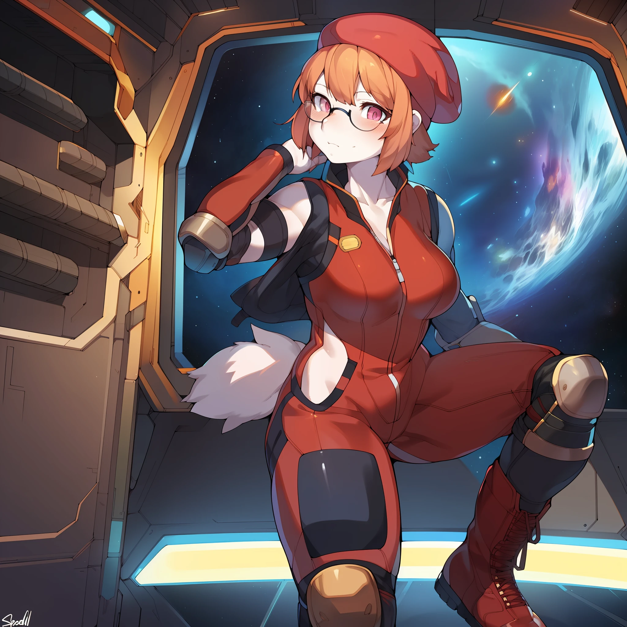 Solo, female, white fur, peach stripes, striped fur pattern, light orange hair, medium hair, pink eyes, detailed eyes, detailed hands, snout, mature, medium breasts, thick-rimmed glasses, standing, by buta99, by bebebebebe, ((red spacesuit, red jumpsuit)), (((bulletproof vest, knee pads, elbow pads, combat boots))), (((red beret))), frowning, spaceship, space, window, by pgm300, by sindoll, by cervina7, by kishibe