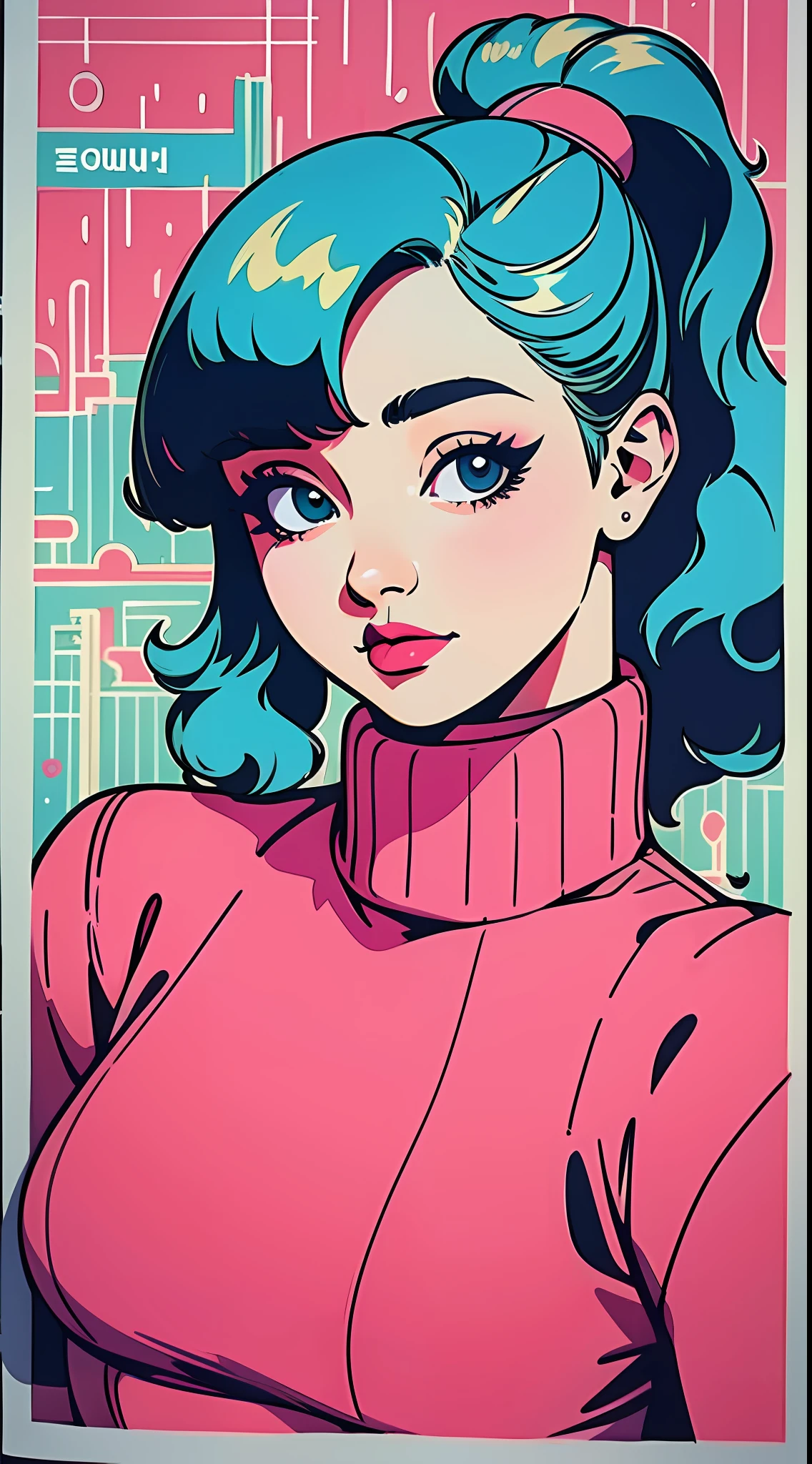 (masterpiece, best quality), beautiful woman, printed cropped turtleneck shirt, skirt, wavy hair, ponytail, asymmetrical bangs, perfect face, beautiful face, alluring, big gorgeous eyes, soft smile, perfect slim fit body, city streets, (outdoor), seoul, bright colors, (risograph)