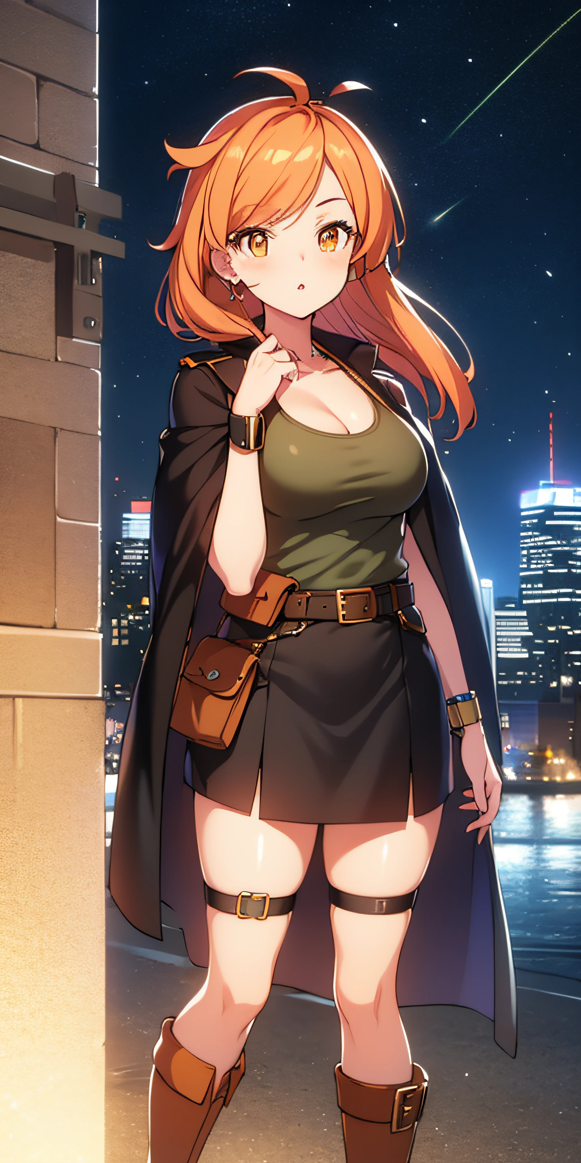 orange eyes light,richly faded light orange hair, anime 1girl, no skirt, brown military boots, pouch on the waist belt, khaki bikini, "black tights", "dark_orange knee pad on right leg",( night city:1.4), black long cloak, (good hand:1.5 ) good legs, (Good face: 1.5), 1girl, best hand, no worst hand. without clothes, in big city, khaki t-shirt, best face, very good face, hyper detail, colorful