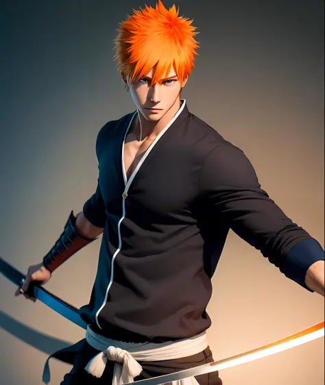 1boy, masterpiece, (photorealistic: 1.5), best quality, beautiful lighting, real life, bleach kurosaki ichigo, katana in hand, b...