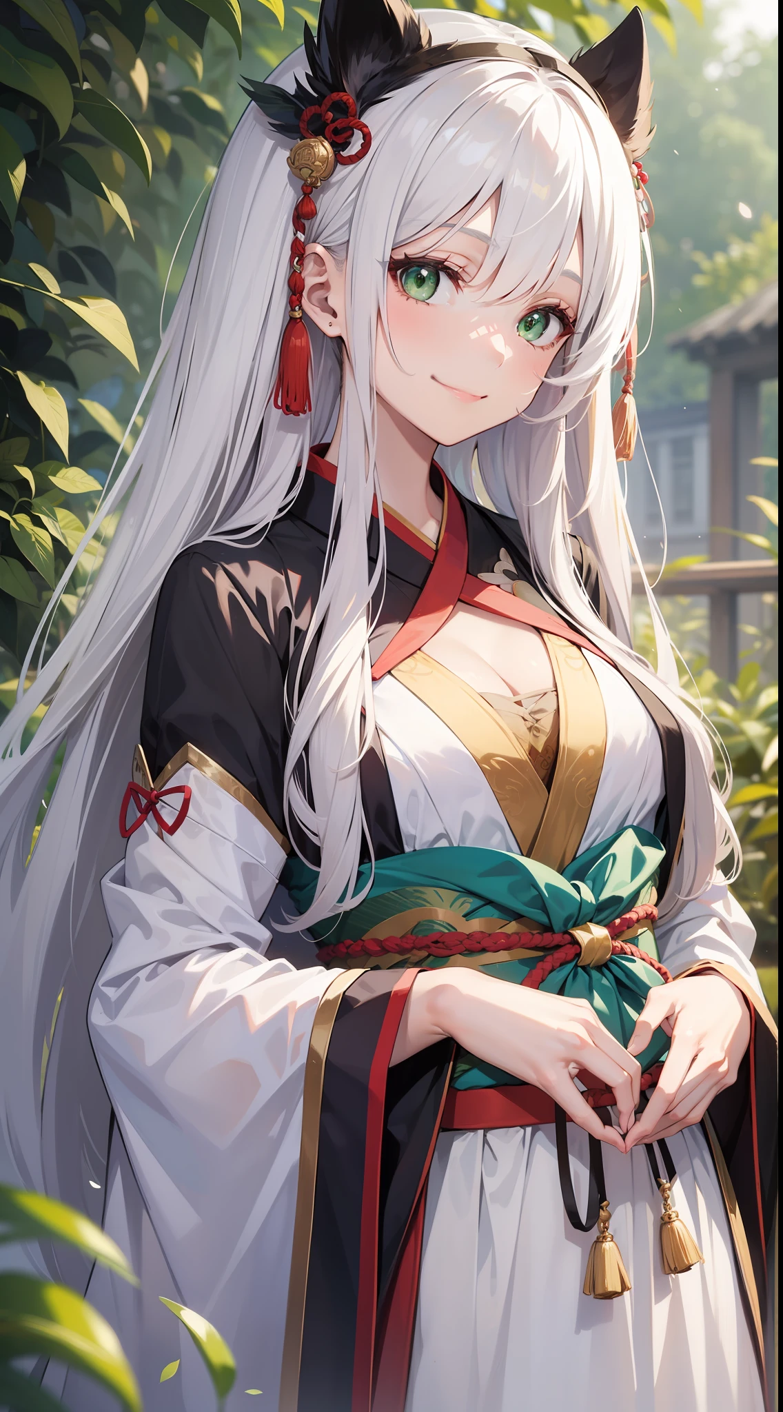 Adult girl, long white hair, green eyes, hanfu, open chest, smile, masterpiece, high quality