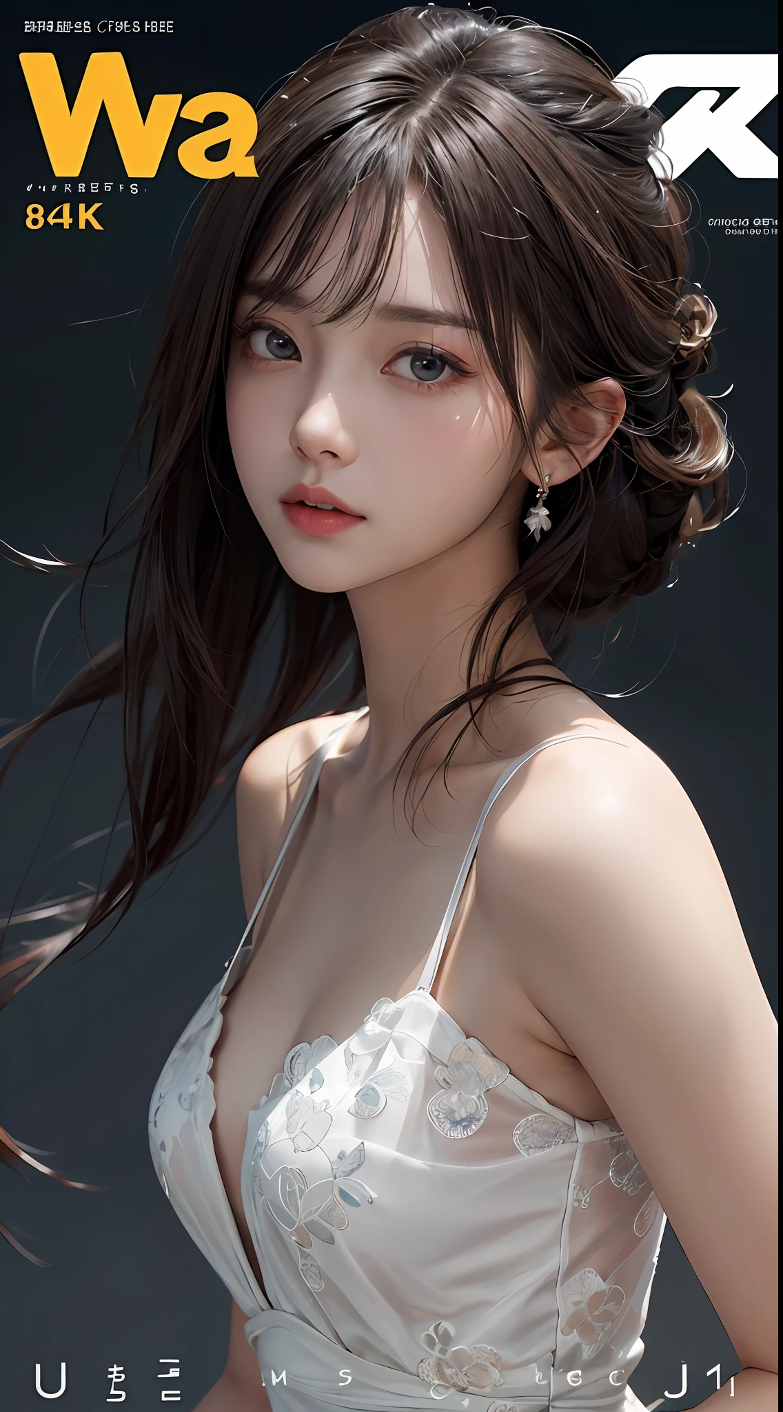 Masterpiece, 1 Beautiful Girl, Detailed Eyes, Swollen Eyes, Top Quality, Ultra High Resolution, (Reality: 1.4), Cinematic Lighting, Japanese, Asian Beauty, Korean, Very Beautiful, Beautiful Skin, Slender, Body Facing Forward, (Ultra Realistic), (High Resolution), (8K), (Very Detailed), ( Best Illustration), (beautifully detailed eyes), (super detailed), (wallpaper), detailed face, bright lighting, professional lighting, looking at viewer, facing straight ahead, white dress, 46 point slanted bangs, background is magazine cover,