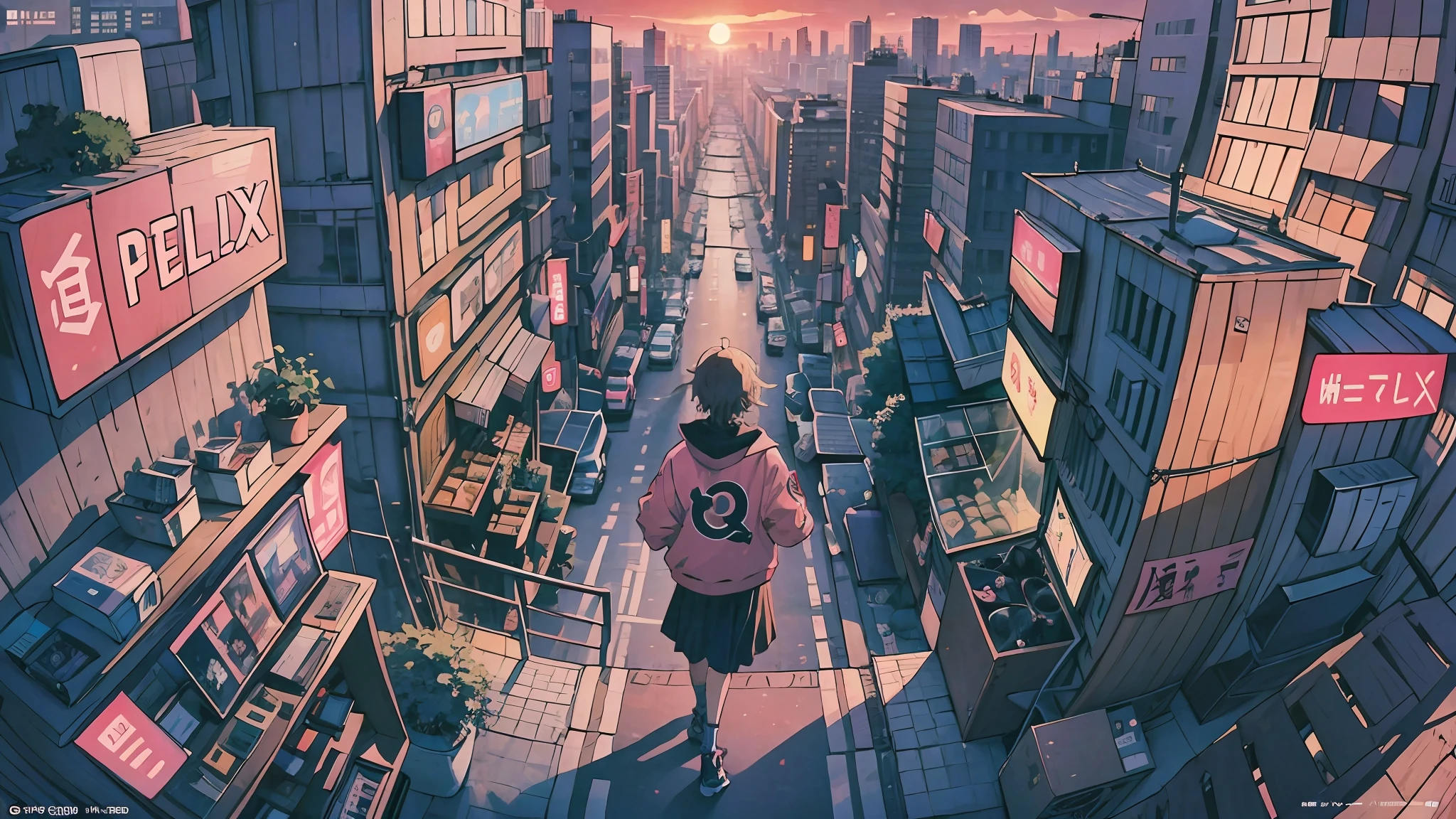 Sunset, Q Hayashida, turn this image into 2D style illustration, manga, anime, background Tokyo old city, white wall paper, L0-Fi HipHop, an evil represitation on the netflix Pink logo, Roof top DJ ROOM, illuatration, Lo-Fi CD jacket,    - --auto --s2