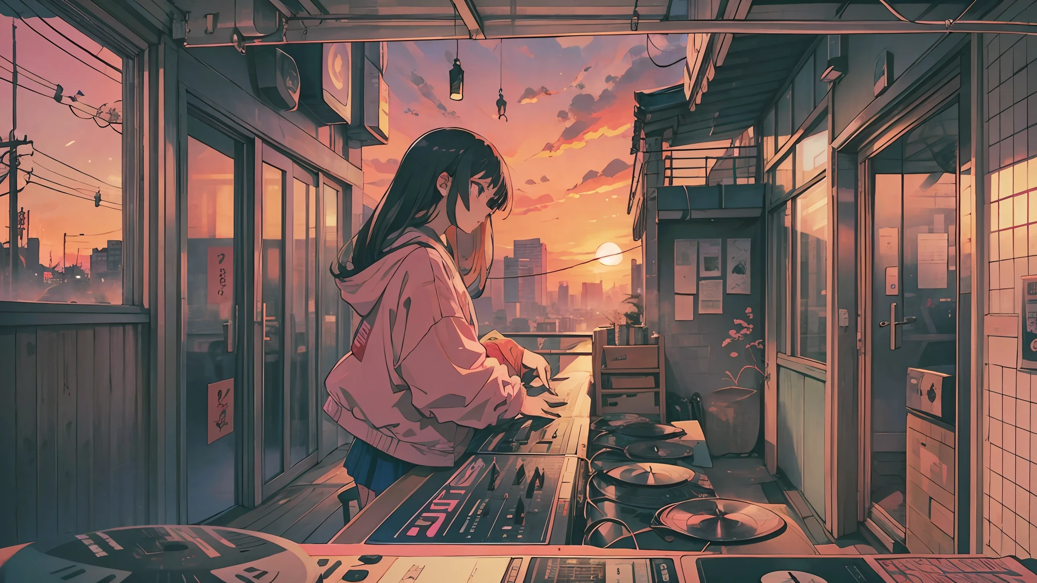 Sunset, Q Hayashida, turn this image into 2D style illustration, manga, anime, background Tokyo old city, white wall paper, L0-Fi HipHop, an evil represitation on the netflix Pink logo, Roof top DJ ROOM, illuatration, Lo-Fi CD jacket,    - --auto --s2