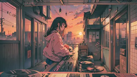 Sunset, Q Hayashida, turn this image into 2D style illustration, manga, anime, background Tokyo old city, white wall paper, L0-F...
