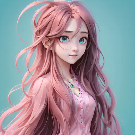 "High quality, a girl, alone, long pink hair, delicate European features, cartoon portrait, turquoise eyes,,"