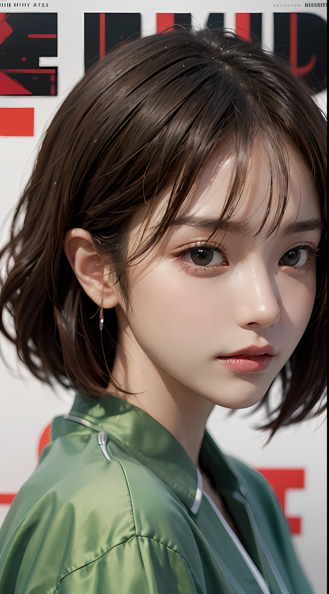 Masterpiece, 1 Beautiful Girl, Detailed Eyes, Swollen Eyes, Top Quality, Ultra High Resolution, (Reality: 1.4), Cinematic Lighting, Japanese, Asian Beauty, Korean, Very Beautiful, Beautiful Skin, Slender, Body Facing Forward, (Ultra Realistic), (High Resolution), (8K), (Very Detailed), ( Best Illustration), (beautifully detailed eyes), (super detailed), (wallpaper), detailed face, bright lighting, professional lighting, looking at viewer, facing straight ahead, outfit is trendy stylish shirt, 46 point slanted bangs, background is magazine cover with dynamic text design for title, short hair, black hair, some of it green,