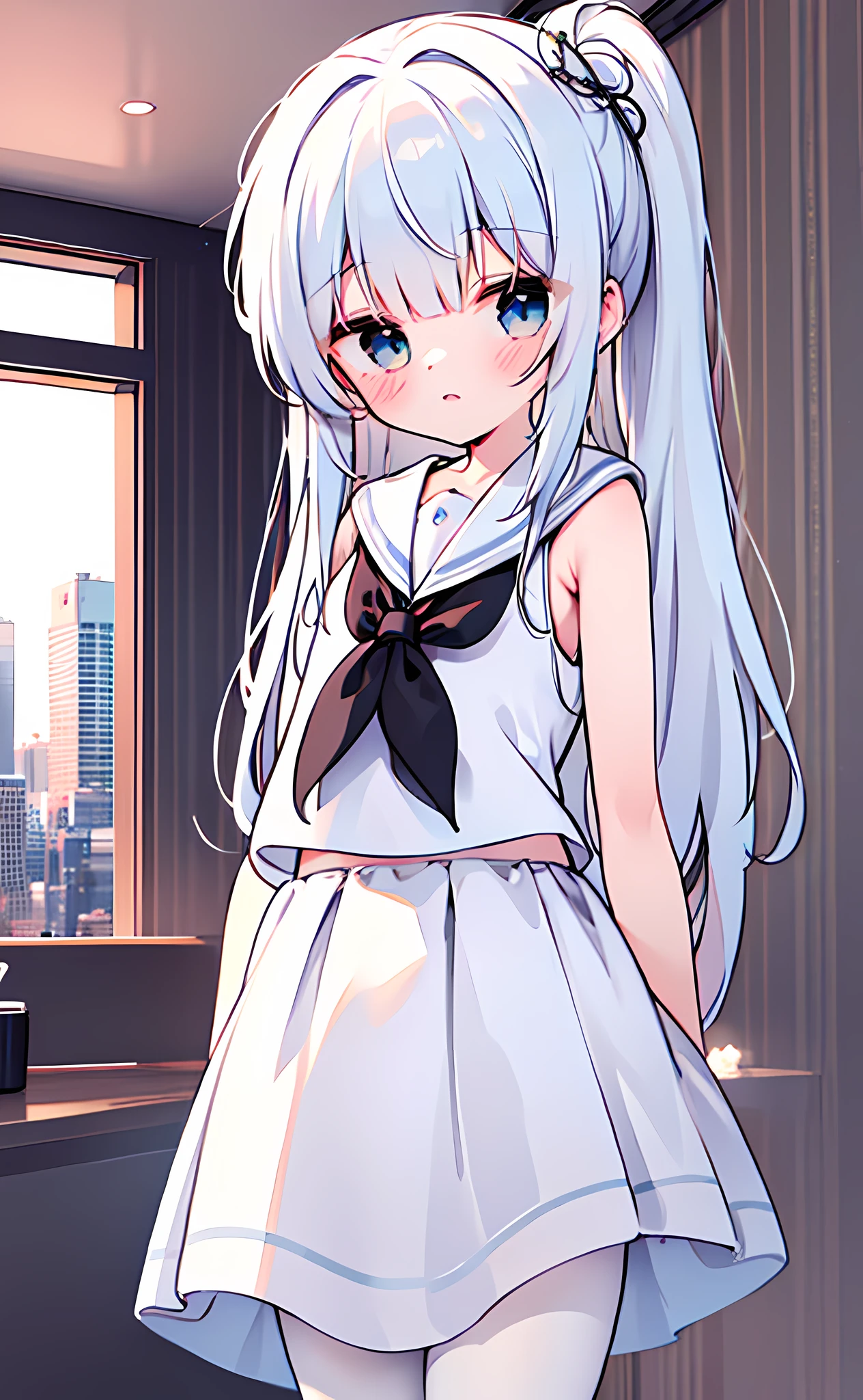 Best quality, super detailed, nice cityscape outside the window, a modern building, high ponytail, long hair, white hair, standing, looking at the audience, blue eyes, bright eyes, glowing eyes, white walls, interior, white pillows, girl's room, white sailor clothes, 1 girl girl, (loli), {young}, solo, standing, arms behind back, happy, shy, cute, narrow waist, room background, (delicate background), (soft glow: 0.7), {{illustration}}, (Best Character Detail: 1.36), Masterpiece, White Curtain, White Stockings, Black Pleated Skirt, Very Close to Viewer, Seductive White Silk, Glass Window, Beautiful Glow Detail, Sunlight, Glow