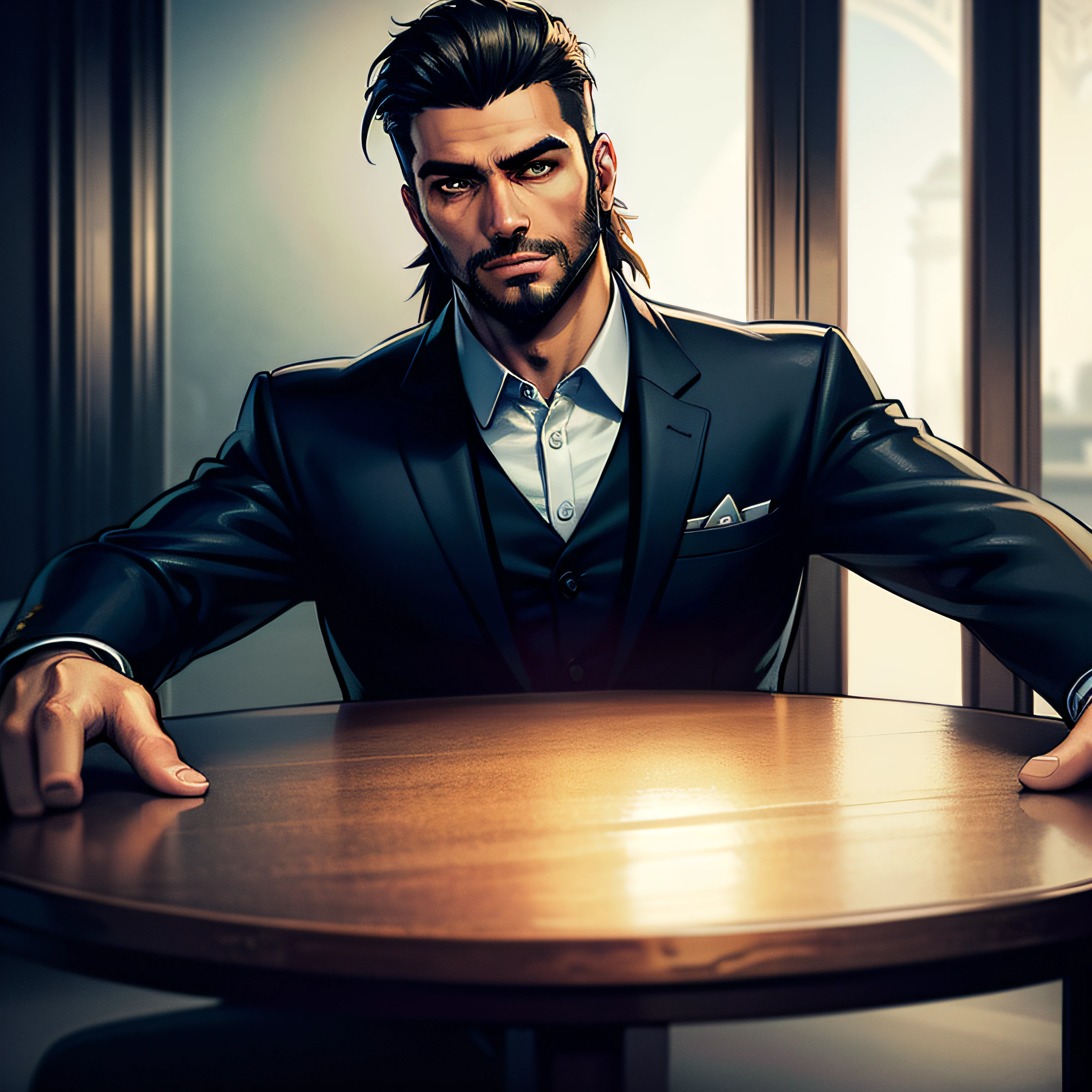 (Highest quality:1.3), cinematic shot, masterpiece, (sharp focus:1.5), (photorealistic:1.3), medium portrait of (A man in a suit, with a short beard, sitting at a table in a luxurious bar), it is night time, (highly detailed skin), (detailed face), detailed background, dark lighting, twilight lighting, volumetric lighting, intricate details, UHD, --auto