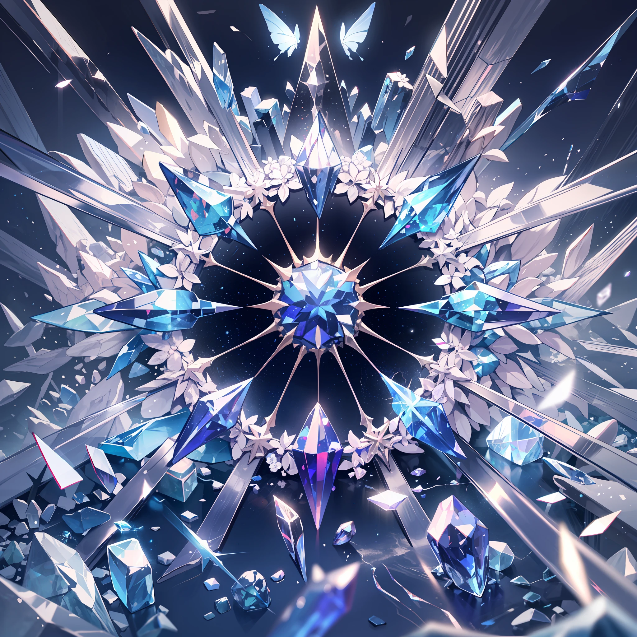 background with glass,crystal,beautiful detail background,{{{white butterfly}}}, diamond world, crystal flower,ice theme, falling ice,white crystal background, nihilism, frustration,glass rain,white ice,no people