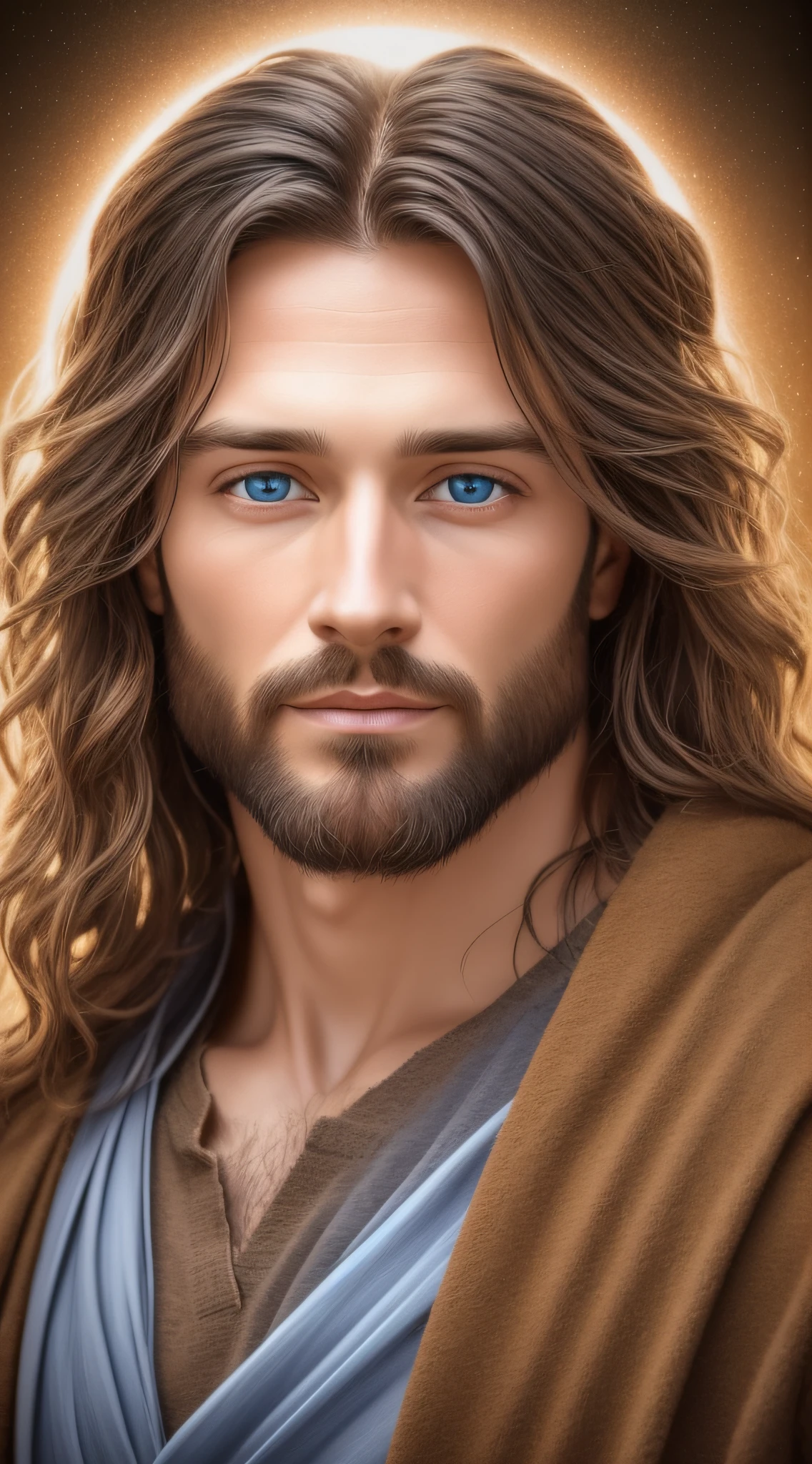 Front photo of a man, Jesus Christ, face of Jesus, real blue eyes, hair of Jesus, realistic photo, realism, frontal image, Jesus looking forward, Jesus with light and welcoming expression, backlight, darker edges, realism, divine image
