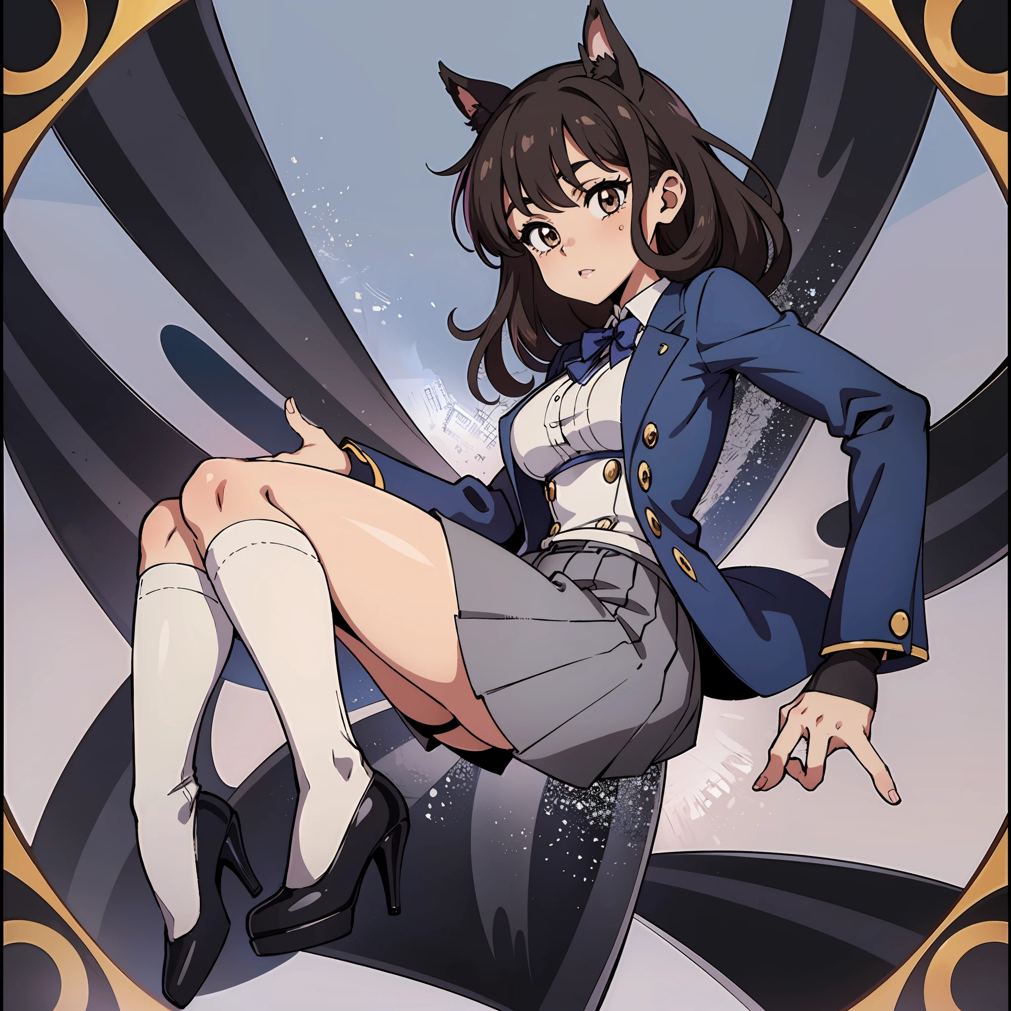 an anime style picture of the girls in the short skirts and white thigh high socks and high heels, +10girls, hazel eyes, brown curly hair, solo, gray blazer, gray skirt, white thigh high socks, black high heels, uniform, highly detailed face, perfect feet, portrait, full body, matching hairstyle, matching outfits