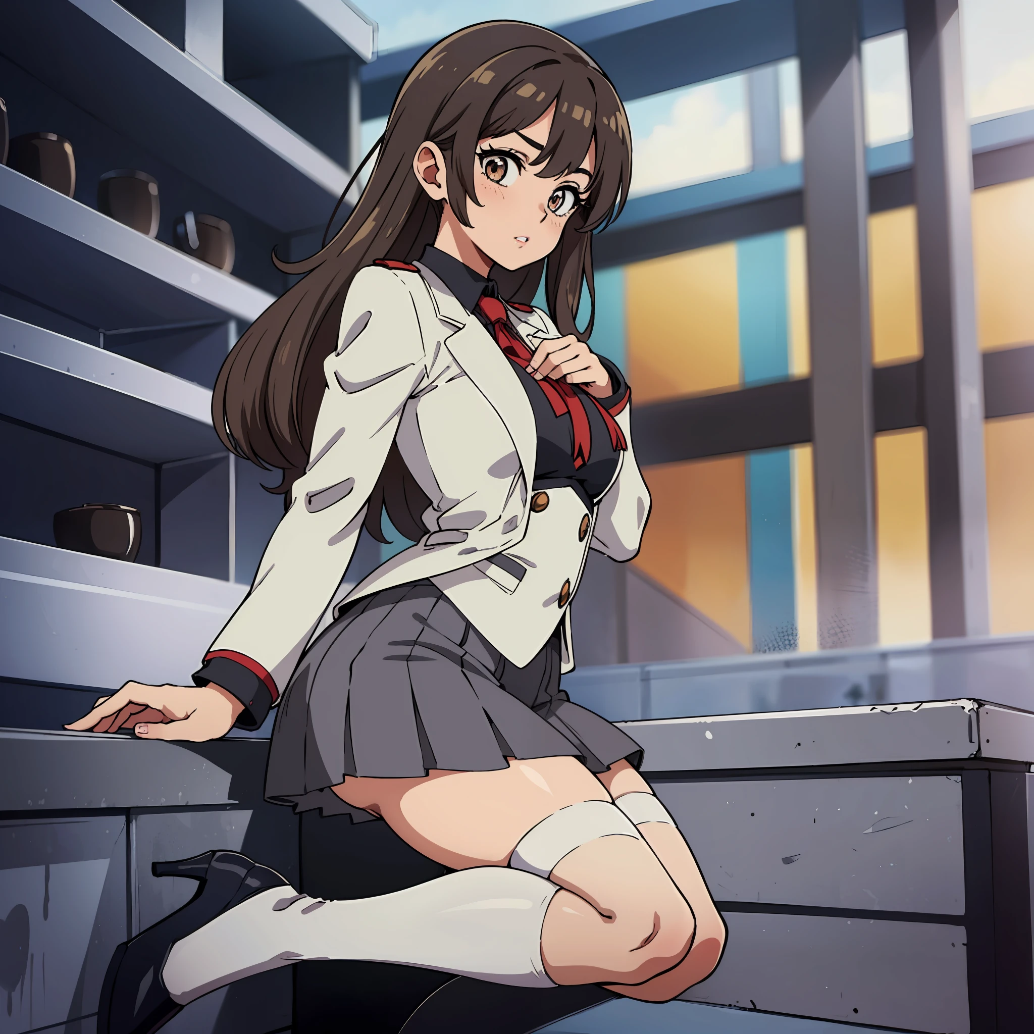 an anime style picture of the girls in the short skirts and white thigh high socks and high heels, +10girls, hazel eyes, brown curly hair, solo, gray blazer, gray skirt, white thigh high socks, black high heels, uniform, highly detailed face, perfect feet, portrait, full body, matching hairstyle, matching outfits