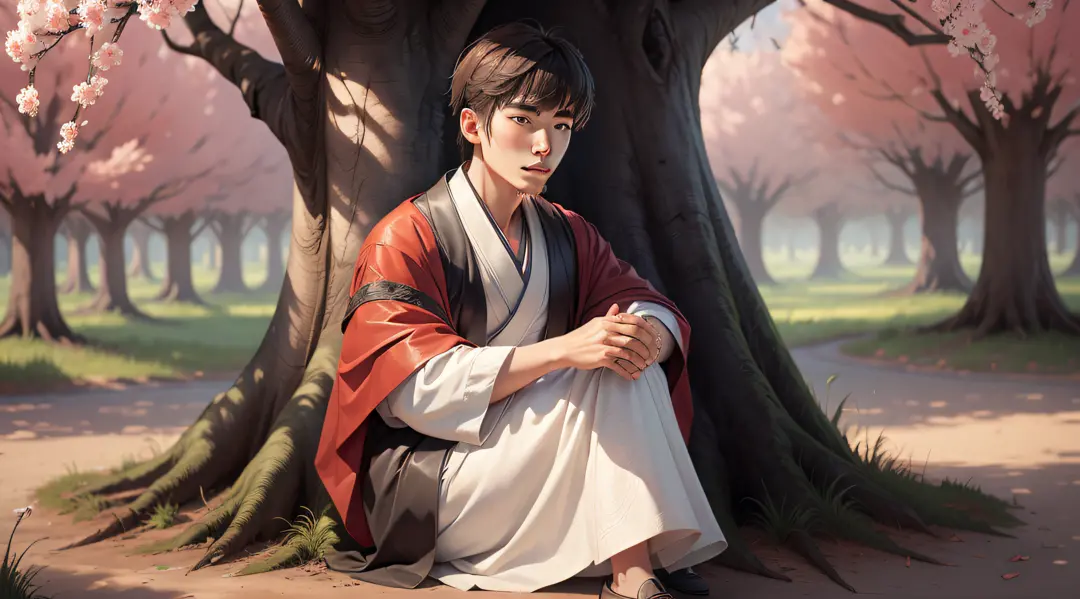 Drawing, ultra realistic, 8k, extremely detailed, in the best quality, an oriental young man of 18 years and a wise old man sitting under a tree.