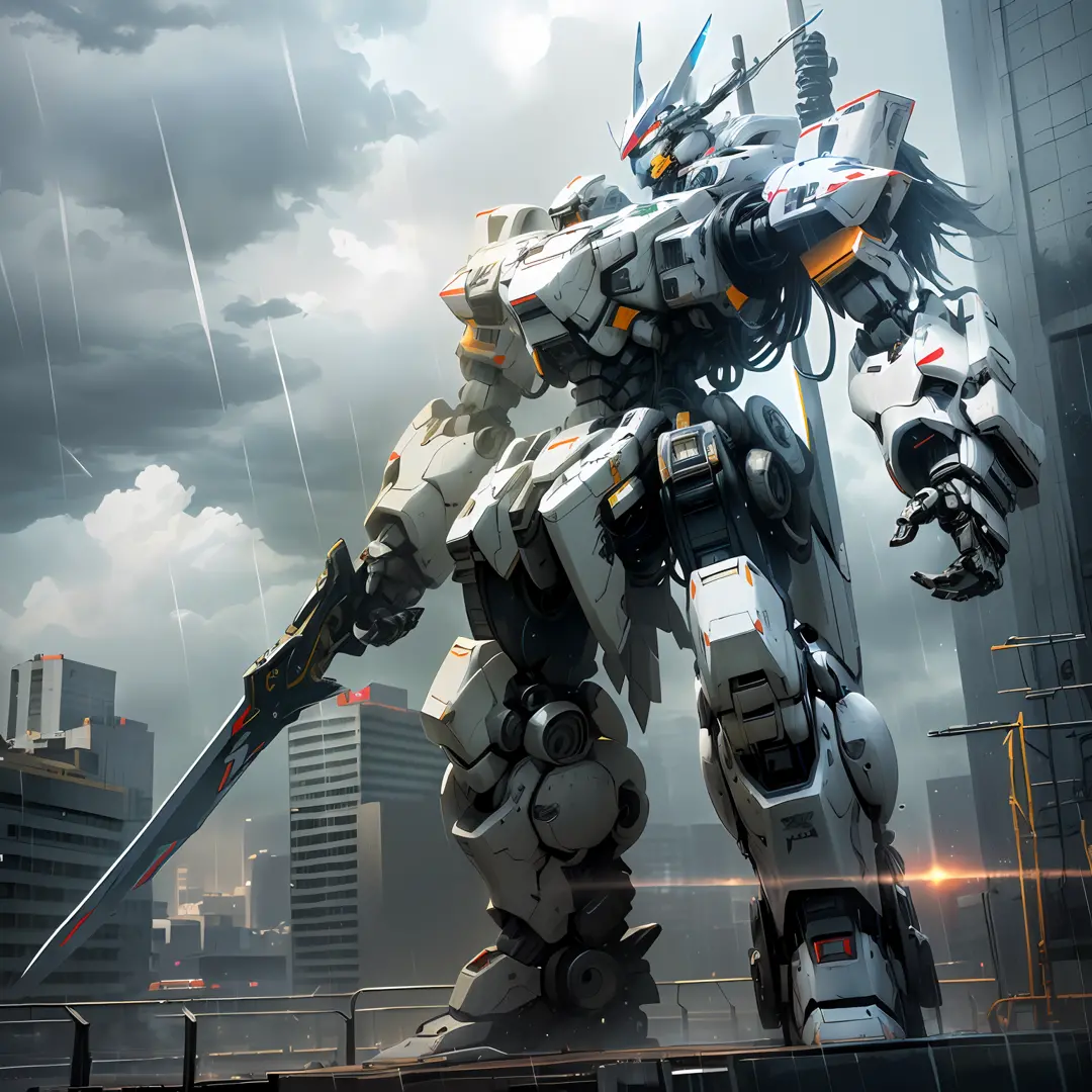 there is a large robot standing in the rain with a sword, alexandre ferra white mecha, an anime large mecha robot, cool mecha style, mecha art, modern mecha anime, white mecha, giant anime mecha, mecha anime, alexandre ferra mecha, anime concept hdr anime ...