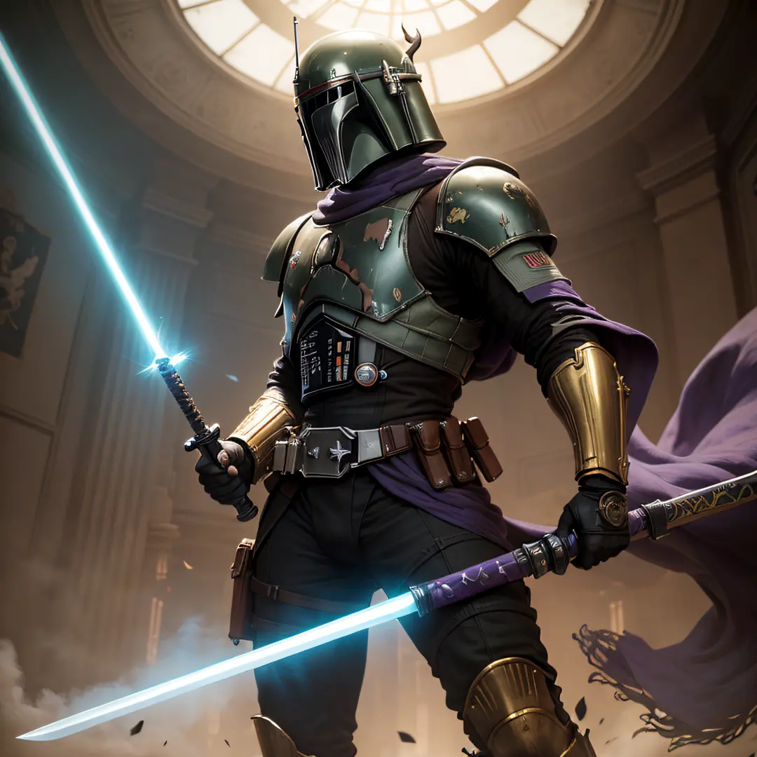 The Boba Fett Shogun displays ornate and imposing armor with intricate gold and black details. The helmet has a majestic appearance, with horns and a detailed face mask. The purple lightsaber-style ninja sword has a unique curved blade, similar to a katana...