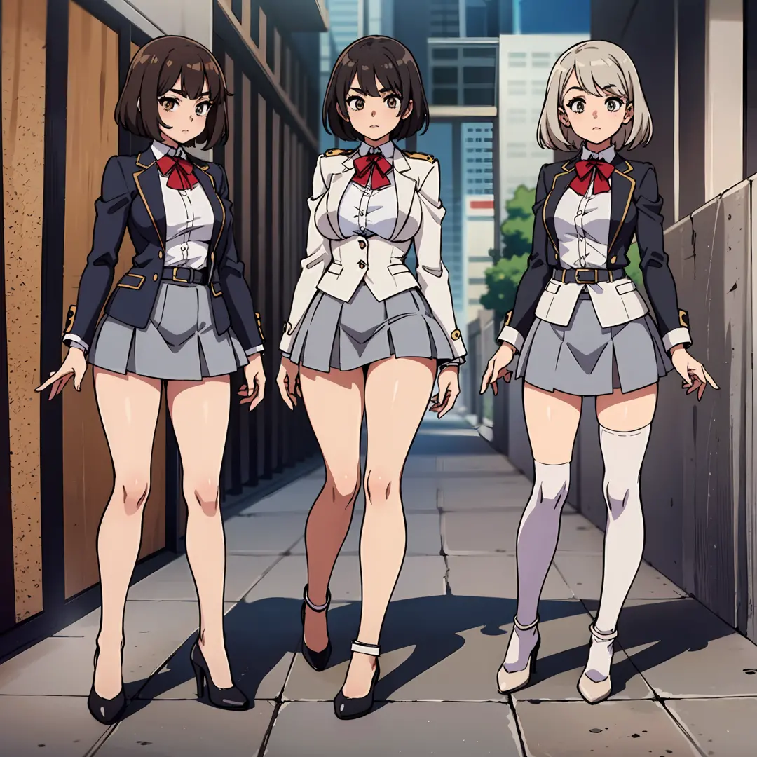 an anime style picture of the girls in the short skirts and white thigh high socks and high heels, +10girls, identical sisters, ...