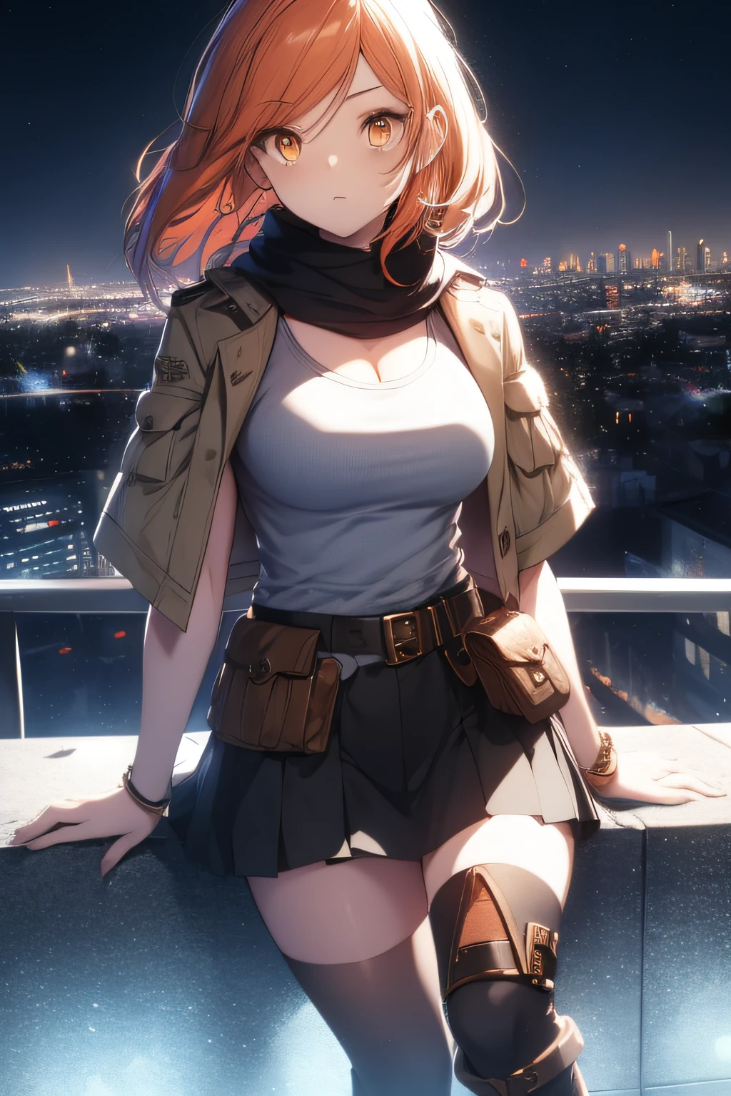 orange eyes light,richly faded light orange hair, anime 1girl, no skirt, brown military boots, pouch on the waist belt, khaki bikini, "black tights", "dark_orange knee pad on right leg",( night city:1.4), black long cloak, (good hand:1.5 ) good legs, (Good face: 1.5), 1girl, best hand, no worst hand. without clothes, in big city, khaki t-shirt, best face, very good face