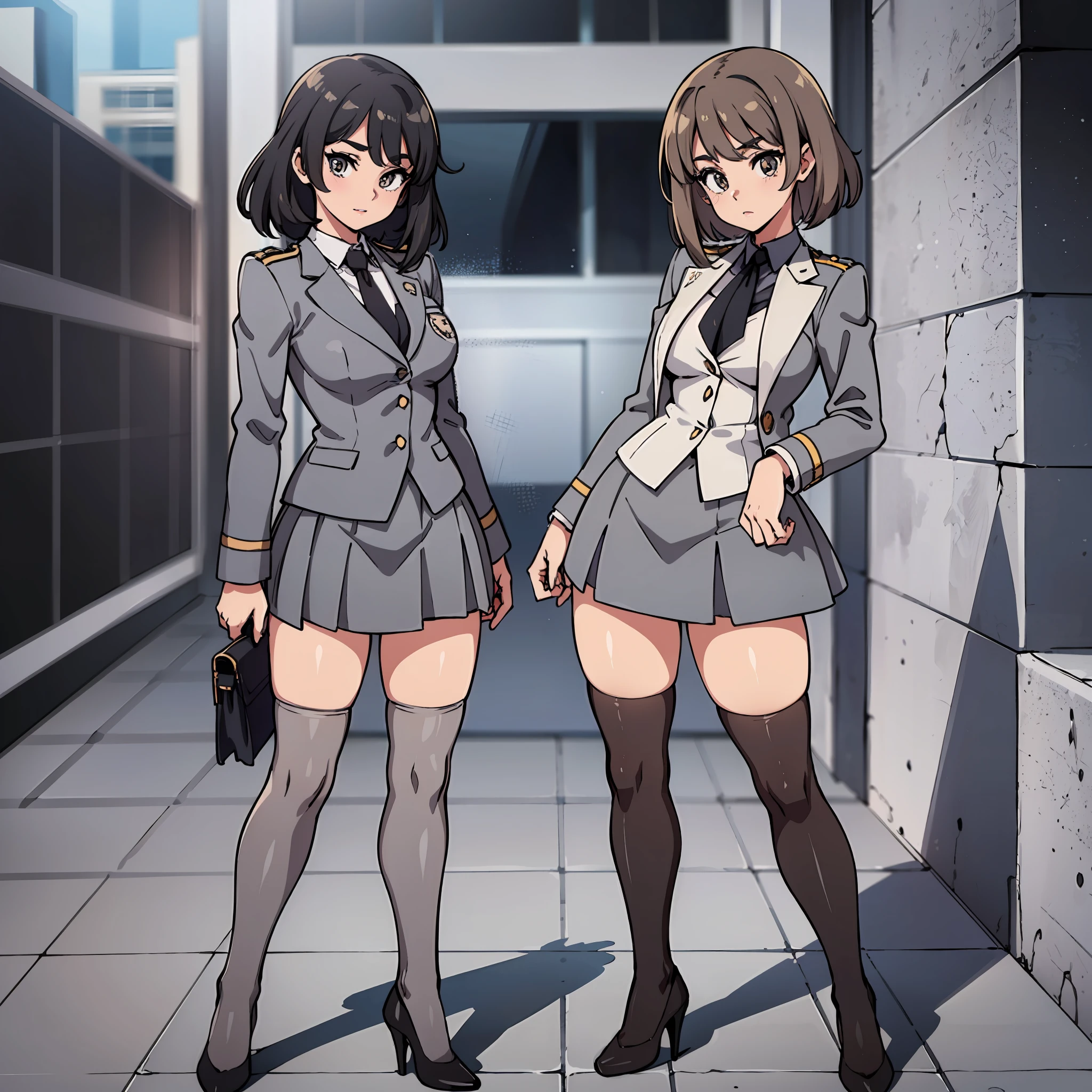 an anime style picture of the girls in the short skirts and white thigh high socks and high heels, +10girls, identical sisters, clones, hazel eyes, brown curly hair, froup picture, ((gray blazer, gray skirt, white thigh high socks, black high heels, uniform)), highly detailed face, perfect feet, portrait, full body, matching hairstyle, matching outfits